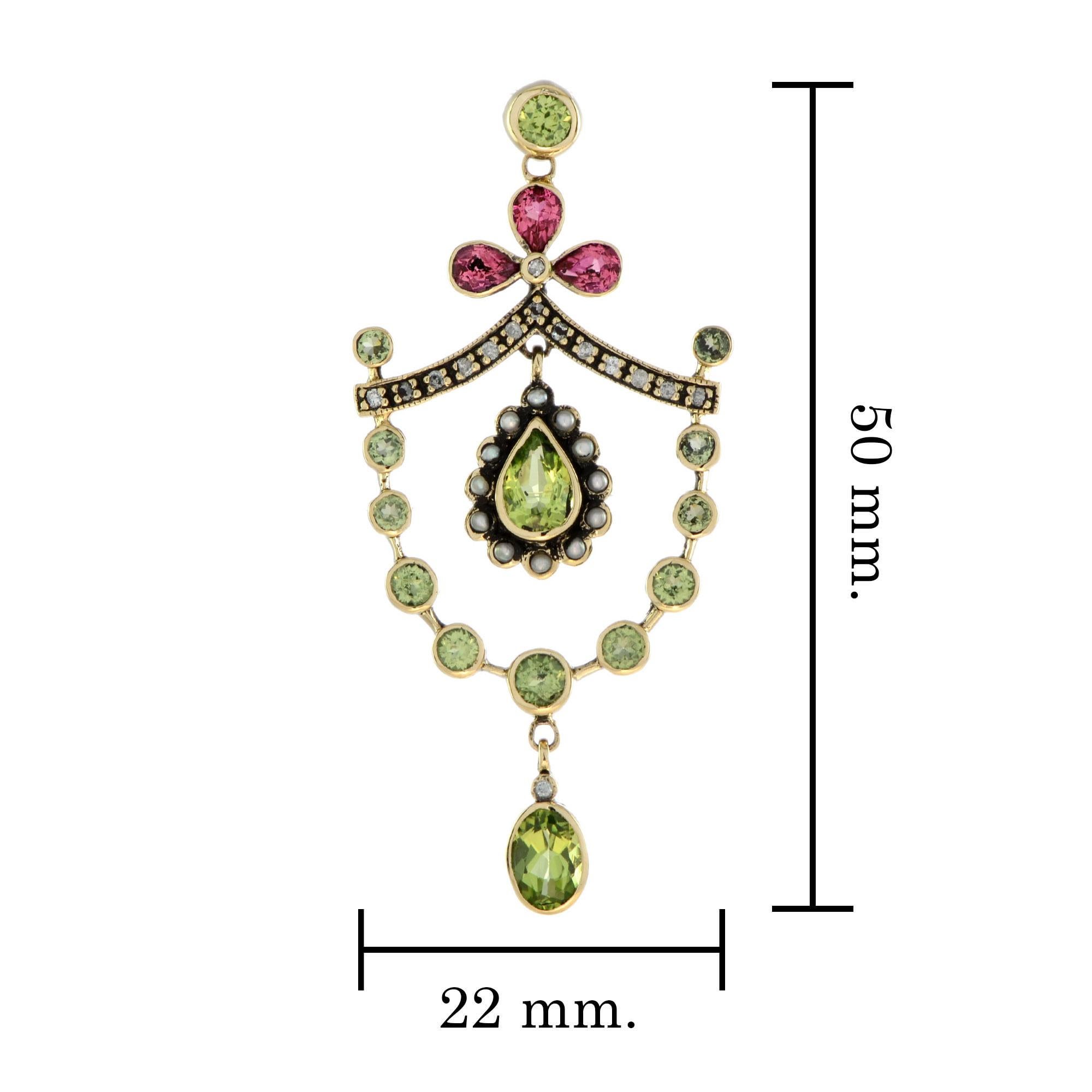 Natural Peridot Pink Tourmaline and Pearl Diamond Vintage Pendant in 14K Gold In New Condition For Sale In Bangkok, TH