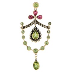 Ciondolo vintage con peridoto naturale, tormalina rosa e perla e diamante in oro 14K