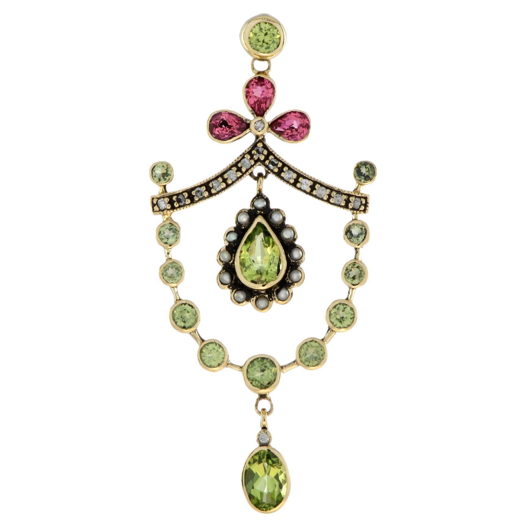 Pendentif vintage en or 14K avec péridot naturel, tourmaline rose et perle et diamant