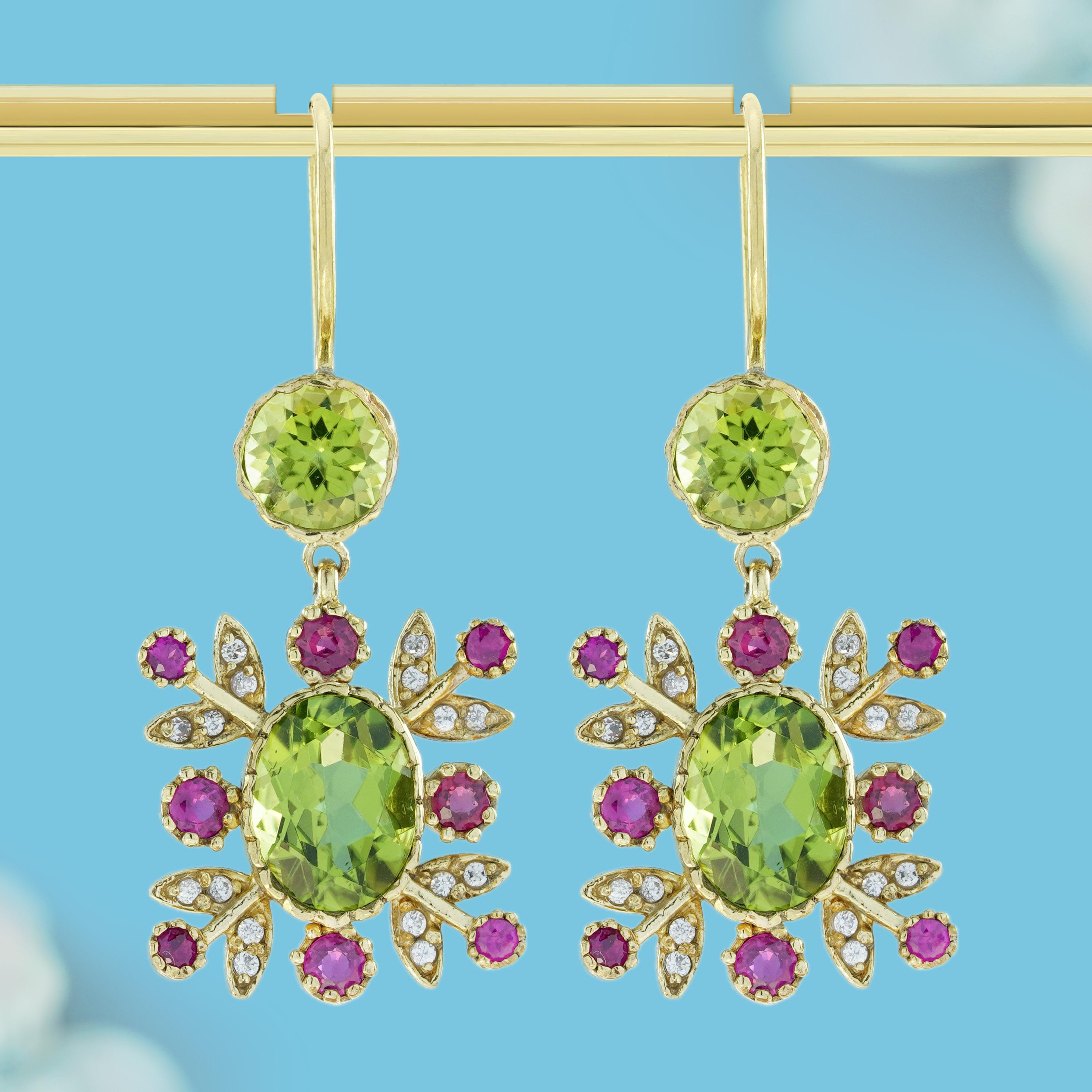 These vintage style earrings showcase vibrant lime green natural peridots in round shapes at the top and an oval-shaped peridot at the center. Surrounding the oval peridot are red round natural rubies, set within leaf-like frames adorned with