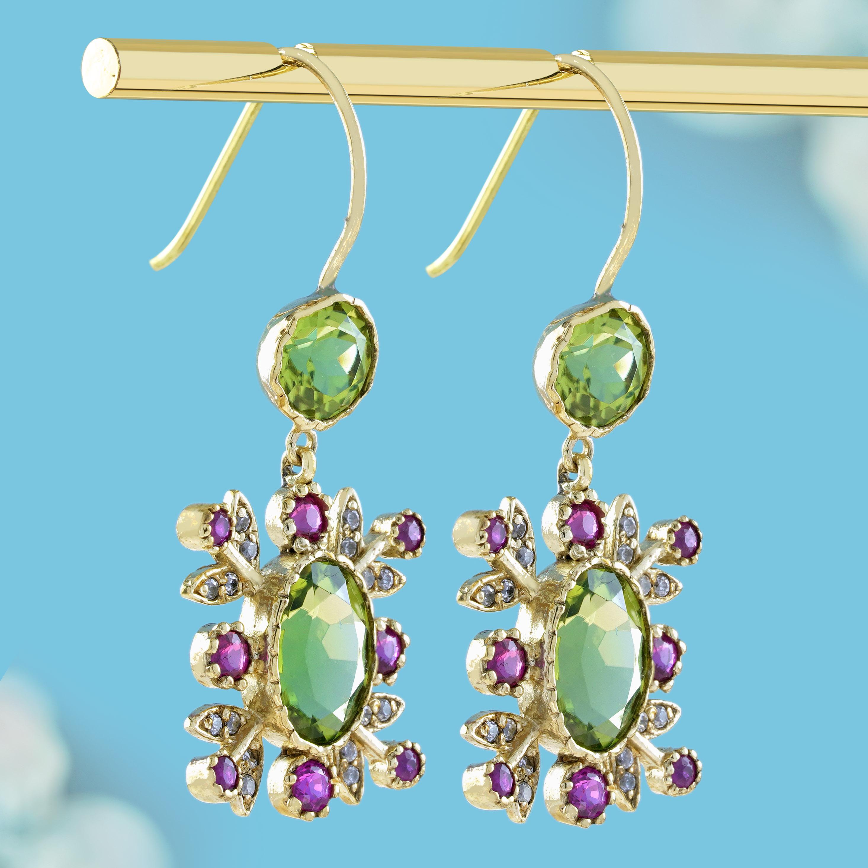 Edwardian Natural Peridot Ruby Diamond Vintage Style Floral Earrings in Solid 9K Gold For Sale