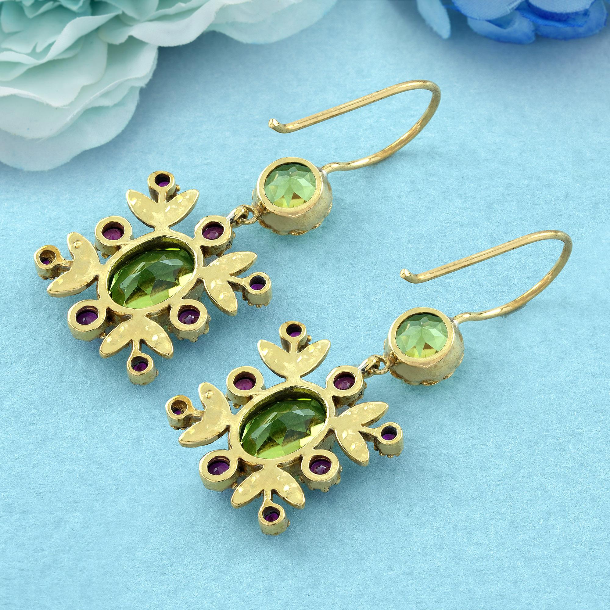 Round Cut Natural Peridot Ruby Diamond Vintage Style Floral Earrings in Solid 9K Gold For Sale