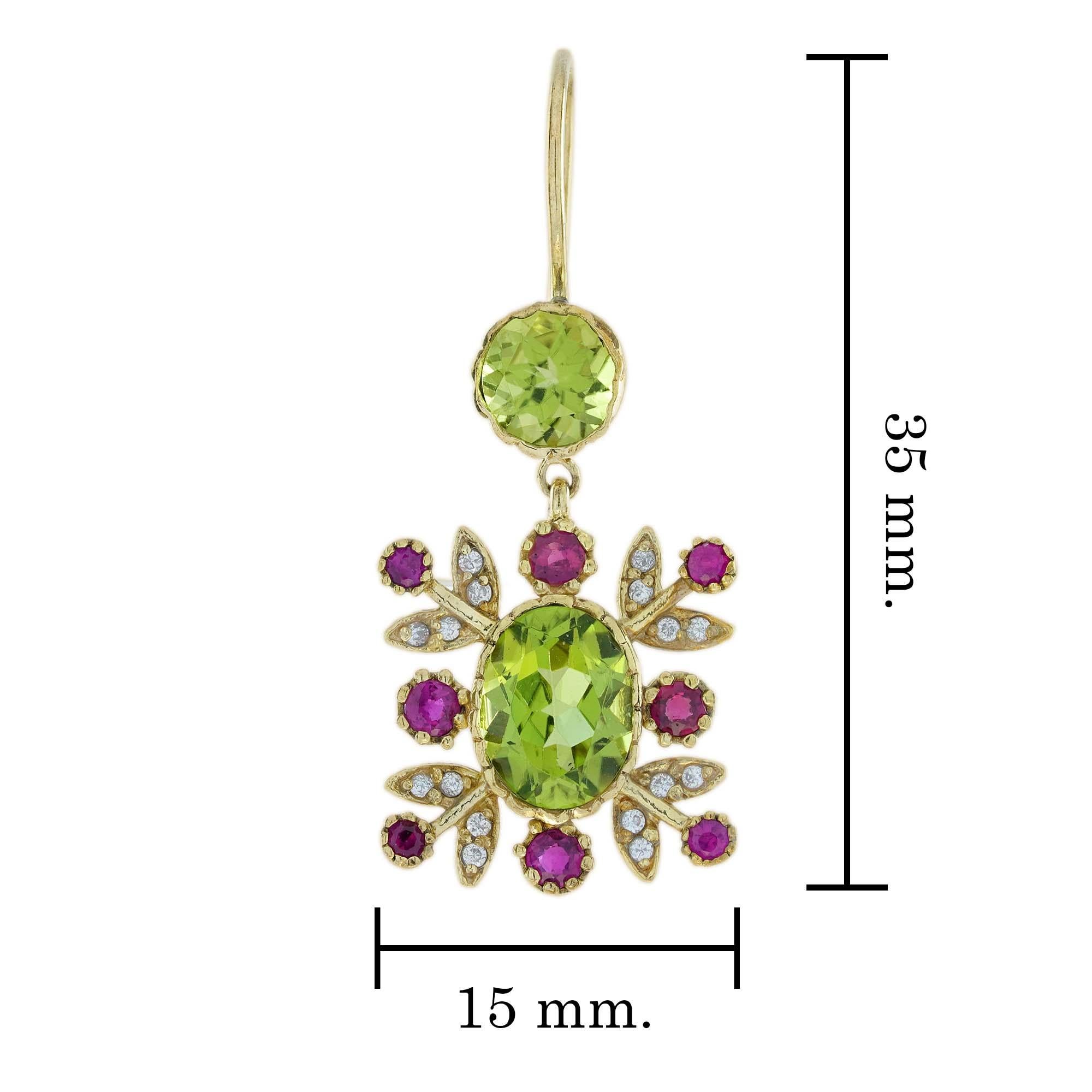Natural Peridot Ruby Diamond Vintage Style Floral Earrings in Solid 9K Gold In New Condition For Sale In Bangkok, TH
