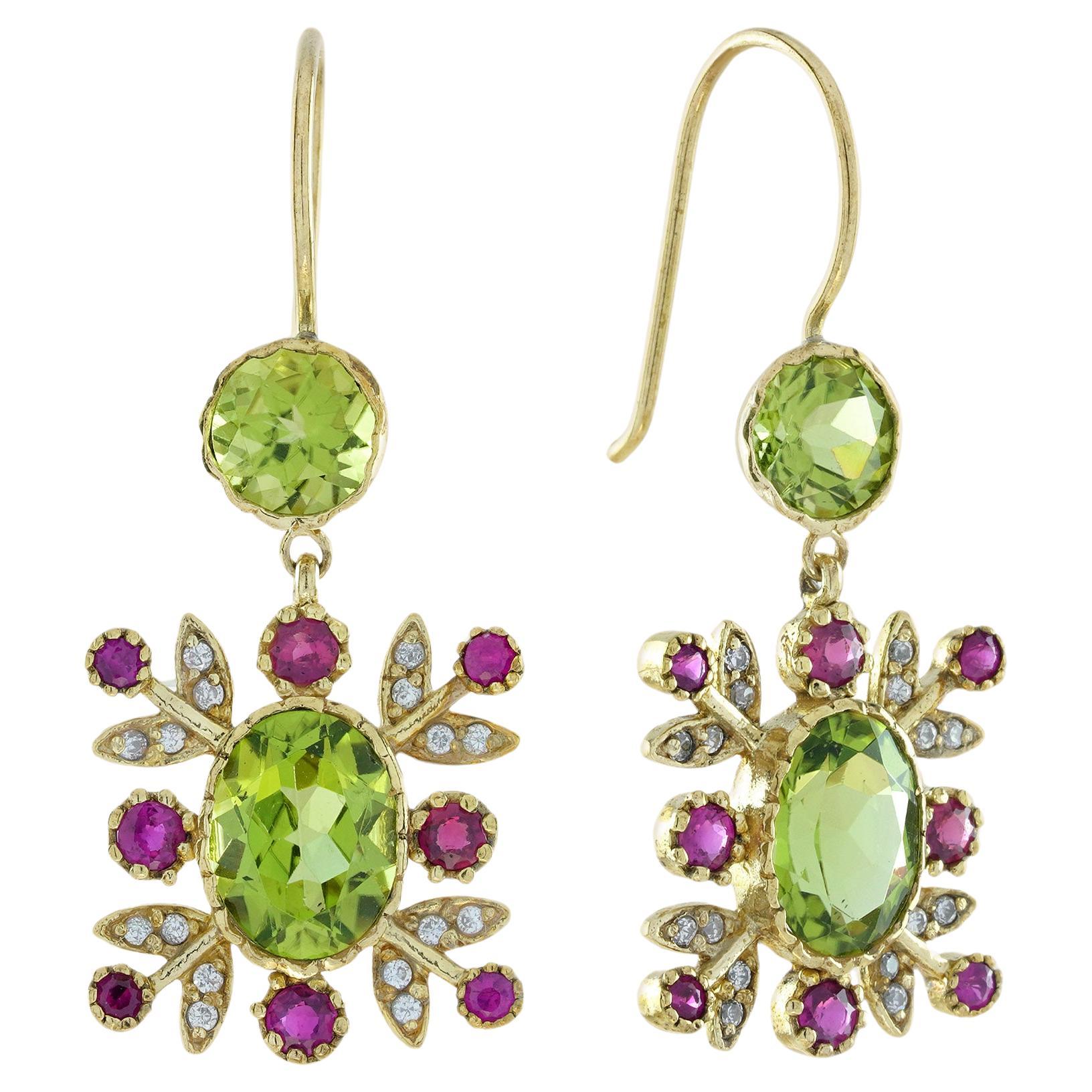 Natural Peridot Ruby Diamond Vintage Style Floral Earrings in Solid 9K Gold For Sale