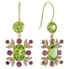 Natural Peridot Ruby Diamond Vintage Style Floral Earrings in Solid 9K Gold