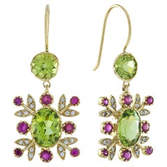 Blumenohrringe aus massivem 9 Karat Gold mit natürlichem Peridot, Rubin und Diamant im Vintage-Stil