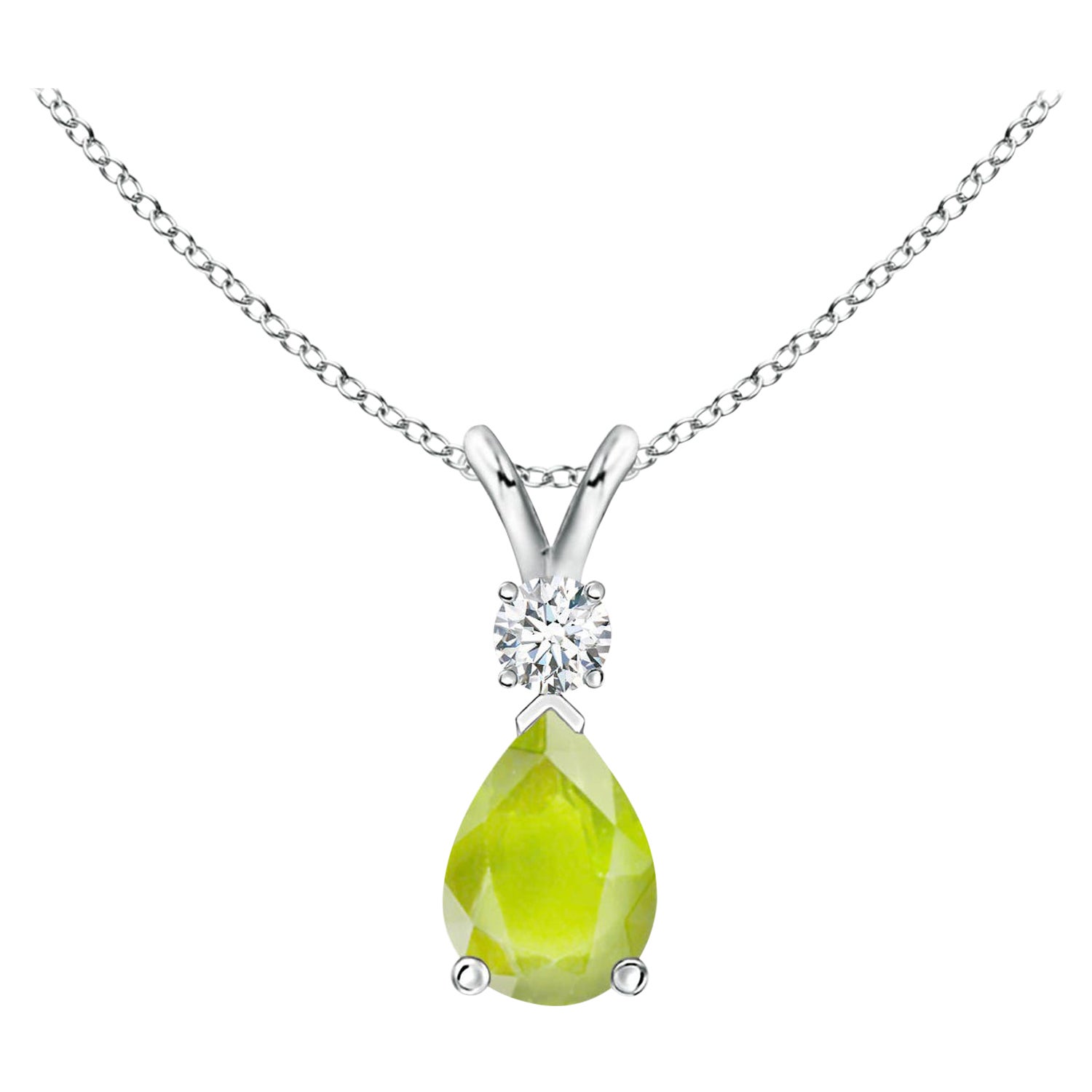 Natural Peridot Teardrop Pendant with Diamond in 14K White Gold