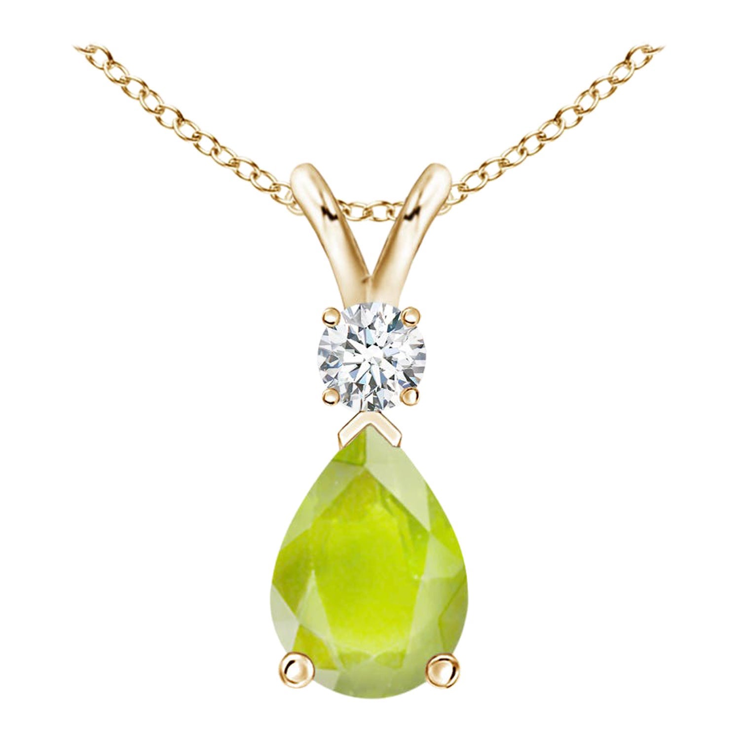 Natural Peridot Teardrop Pendant with Diamond in 14K Yellow Gold For Sale