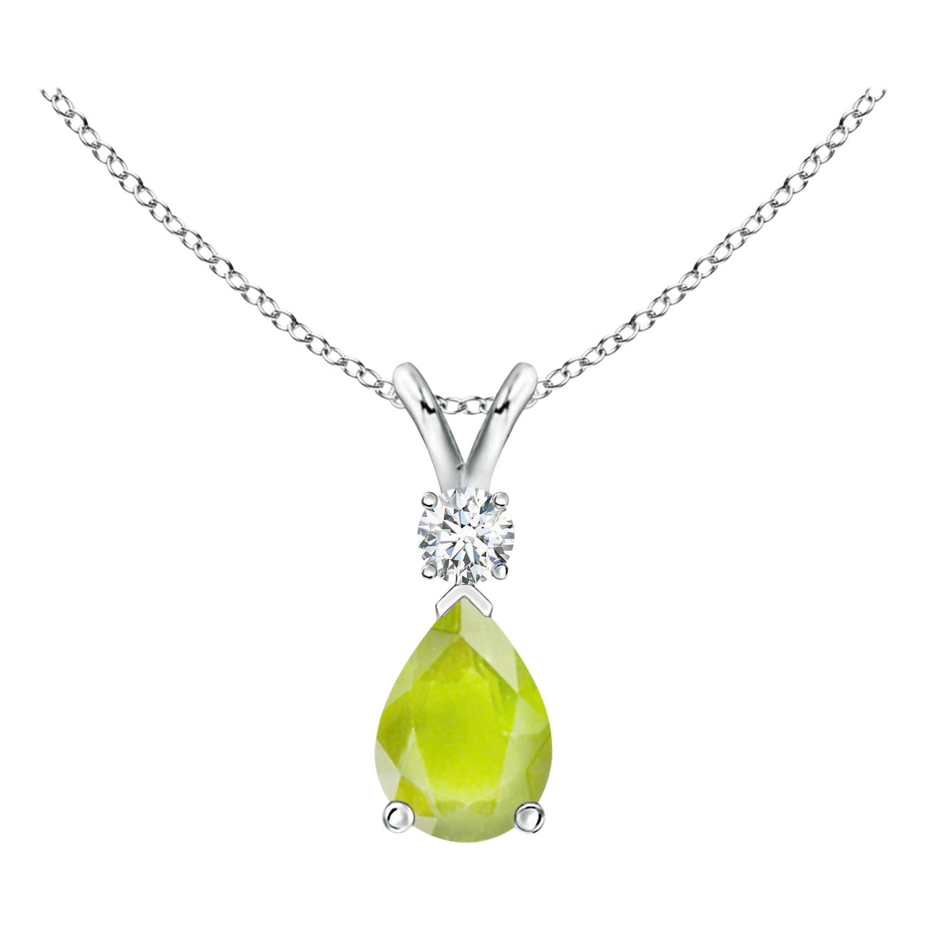 Natural Peridot Teardrop Pendant with Diamond in Platinum For Sale