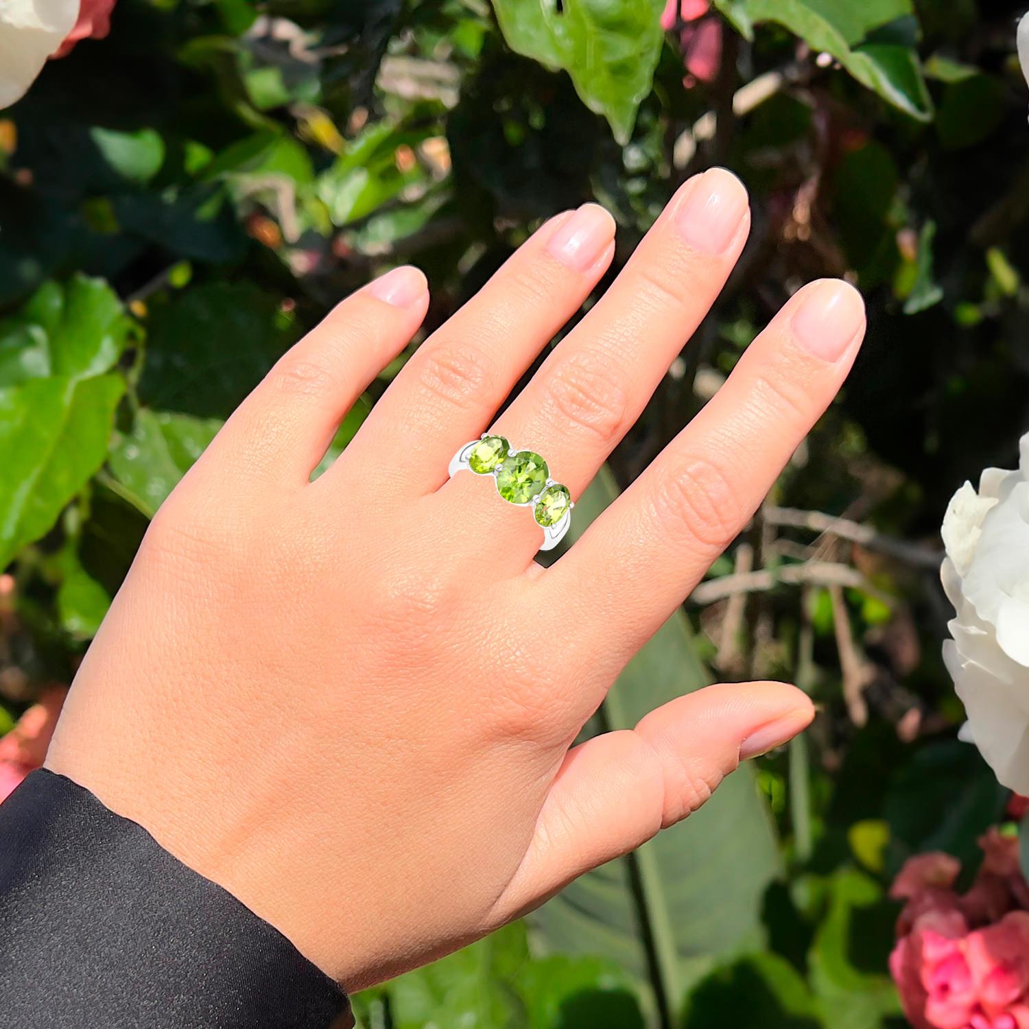 Oval Cut Natural Peridot Three Stone Ring 3.40 Carats Sterling Silver For Sale