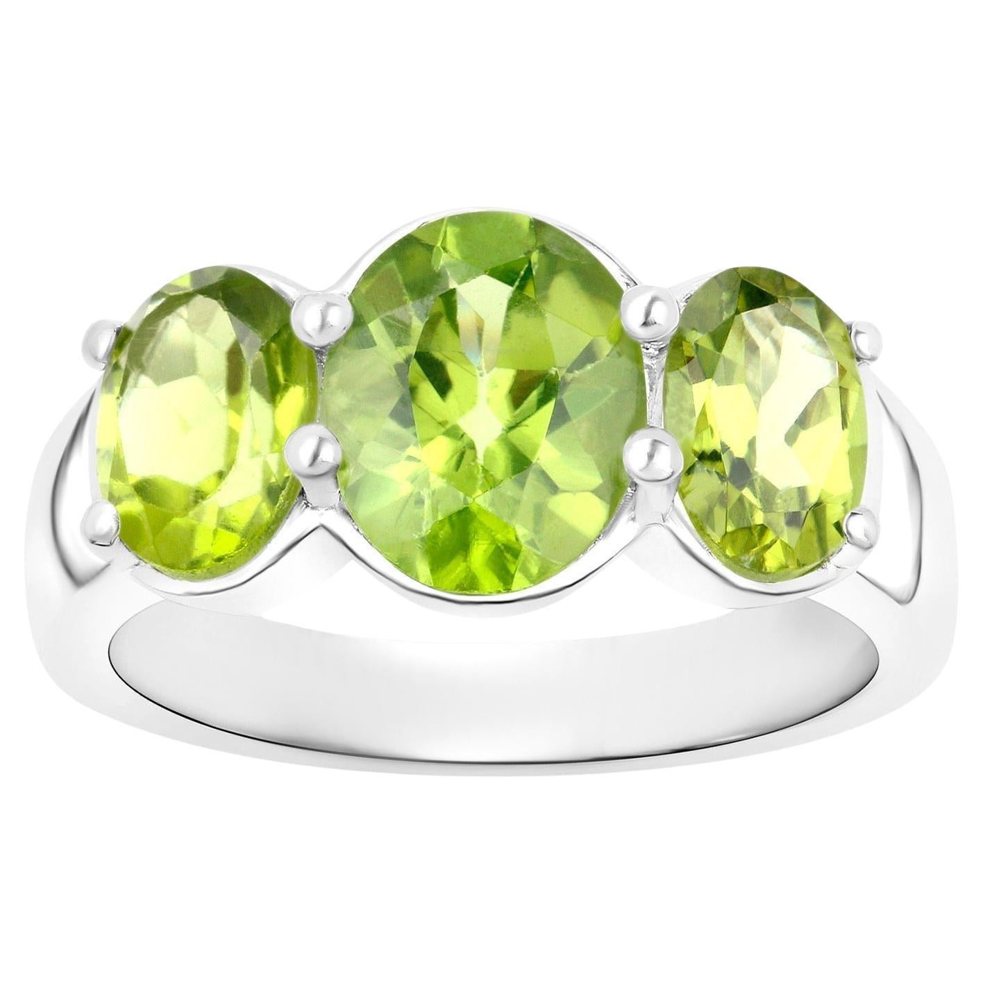 Natural Peridot Three Stone Ring 3.40 Carats Sterling Silver For Sale