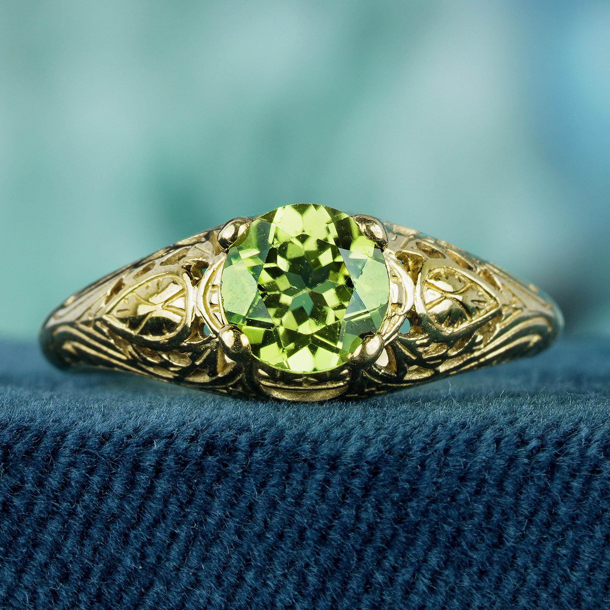 Step into a world of timeless elegance with our stunning vintage-inspired ring. Crafted with care, this ring features a carved yellow gold band that exudes luxury and sophistication. At its heart lies a mesmerizing lime green faceted cut-round