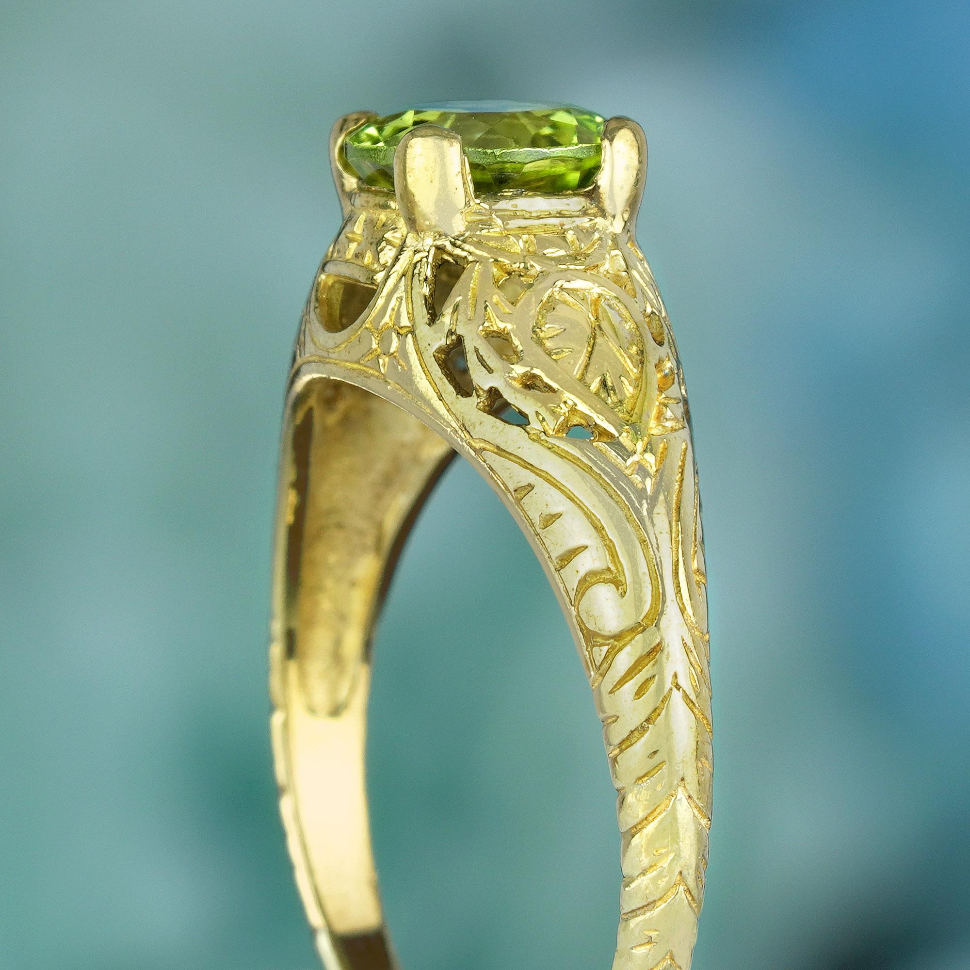 Women's Natural Peridot Vintage Style Carved Solitaire Ring in Solid 9K Yellow Gold For Sale