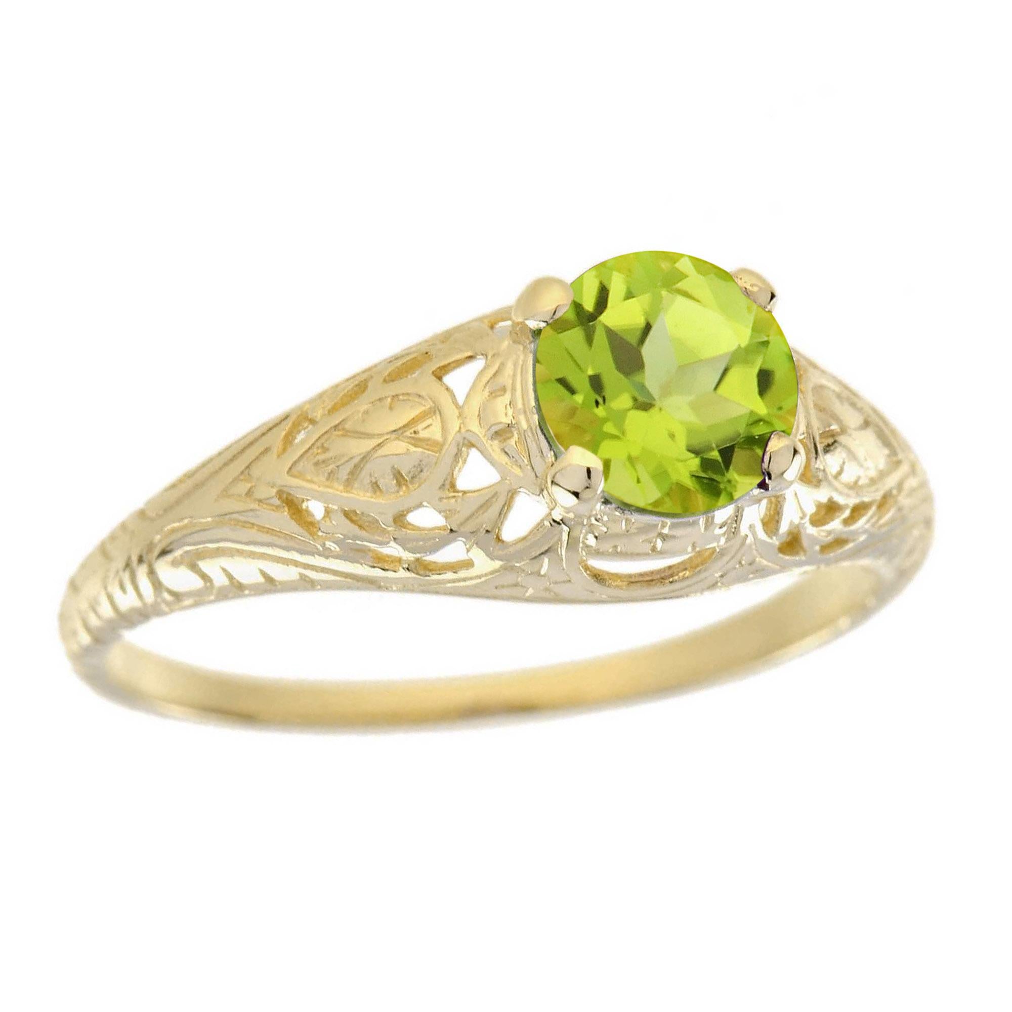 Natural Peridot Vintage Style Carved Solitaire Ring in Solid 9K Yellow Gold For Sale