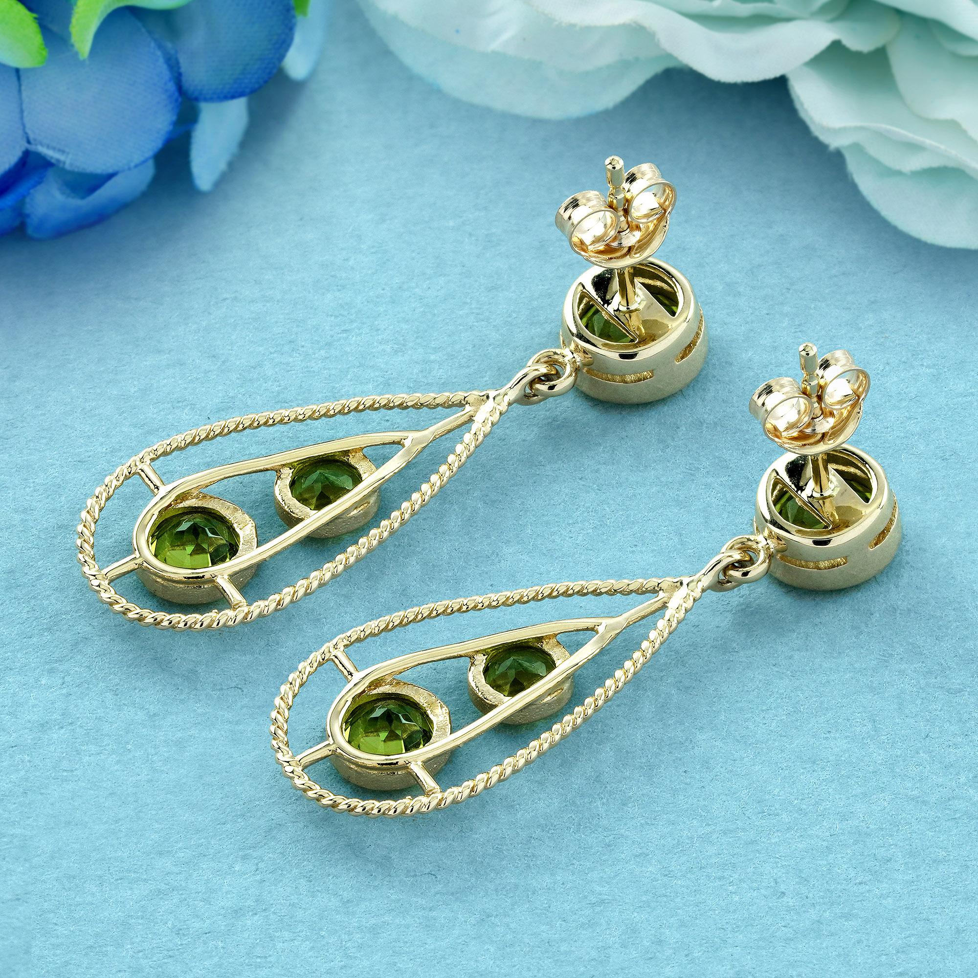 Round Cut Natural Peridot Vintage Style Dangle Earrings in 9K Yellow Gold For Sale