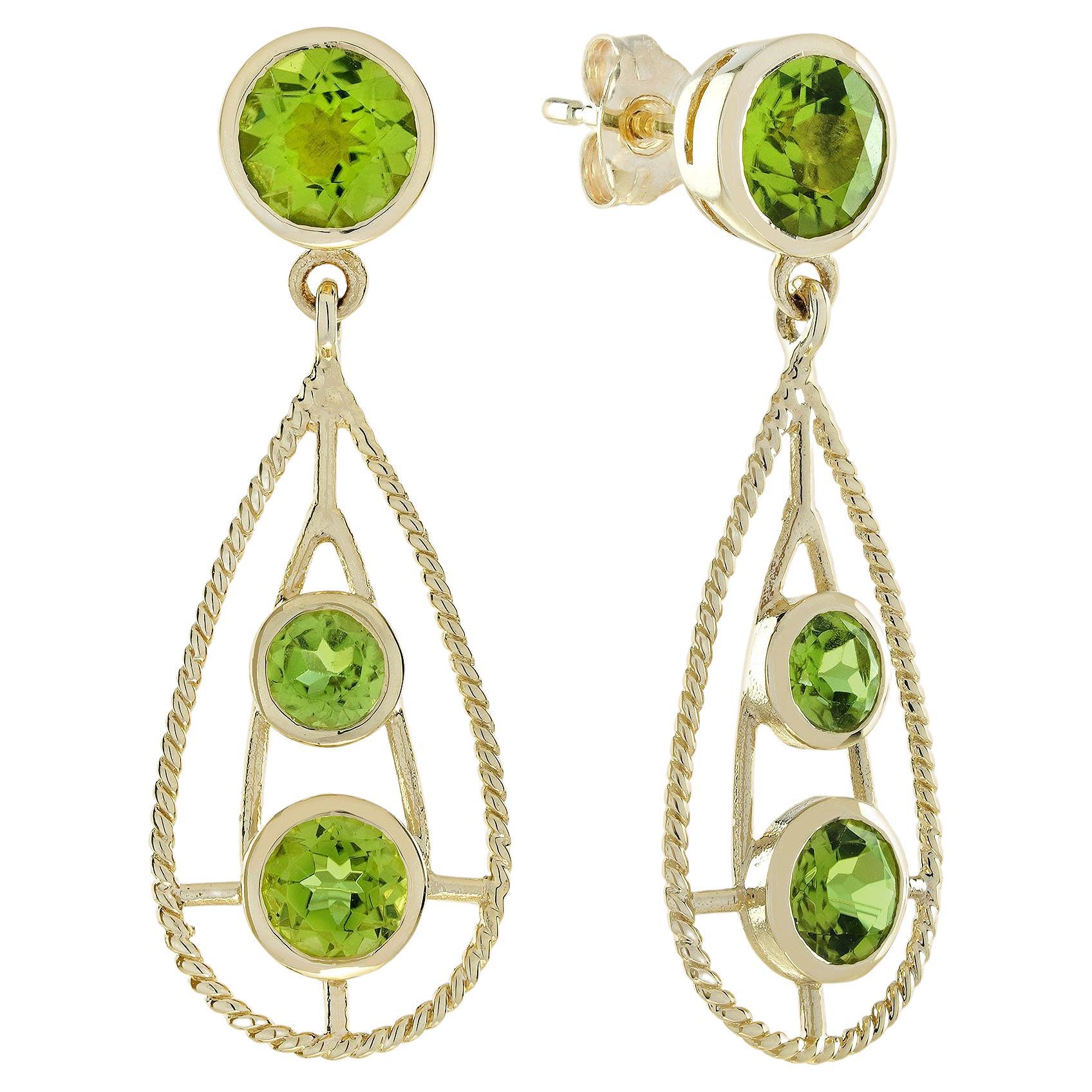 Natural Peridot Vintage Style Dangle Earrings in 9K Yellow Gold
