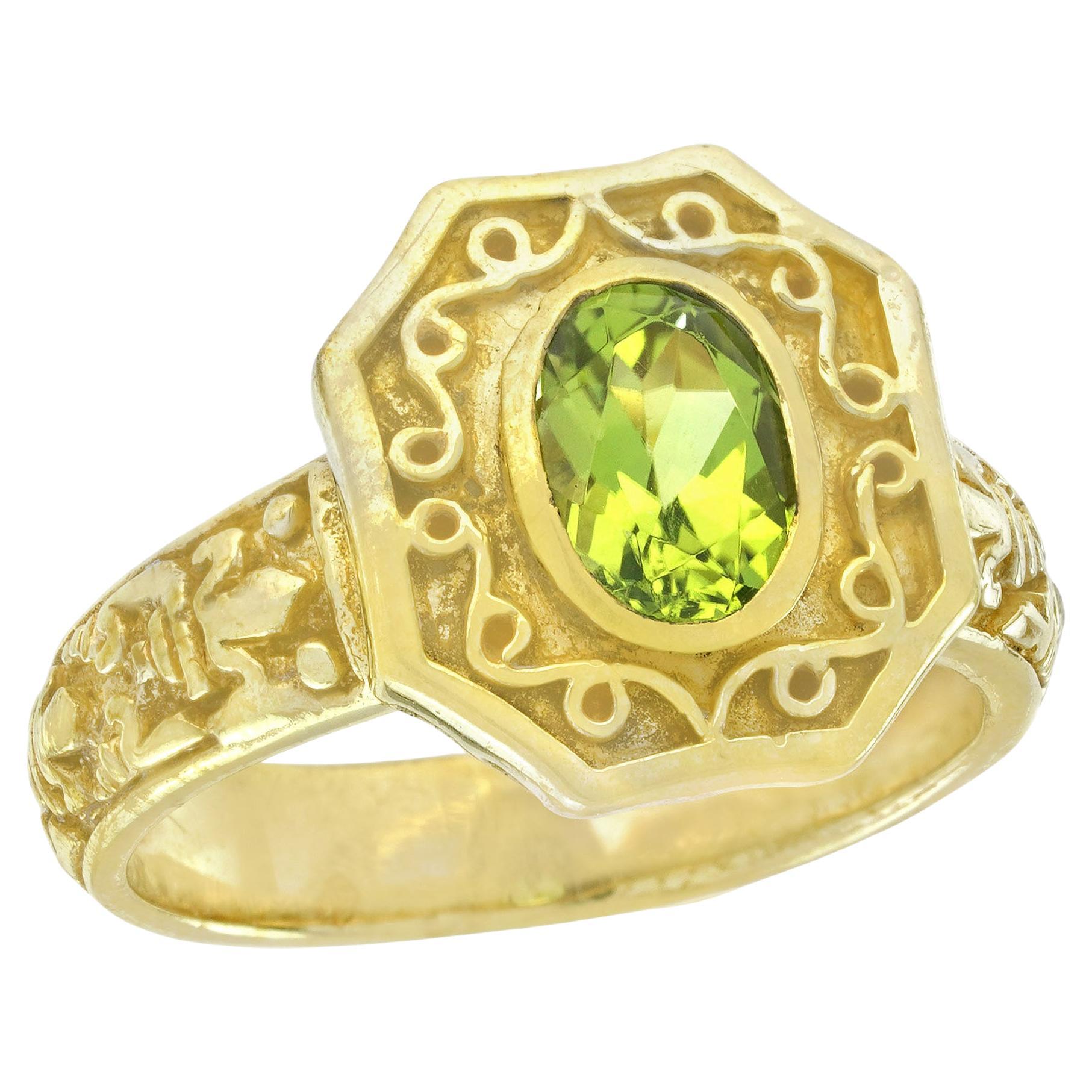Natural Peridot Vintage Style Engraved Ring in Solid 9K Yellow Gold