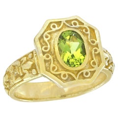 Natural Peridot Vintage Style Engraved Ring in Solid 9K Yellow Gold