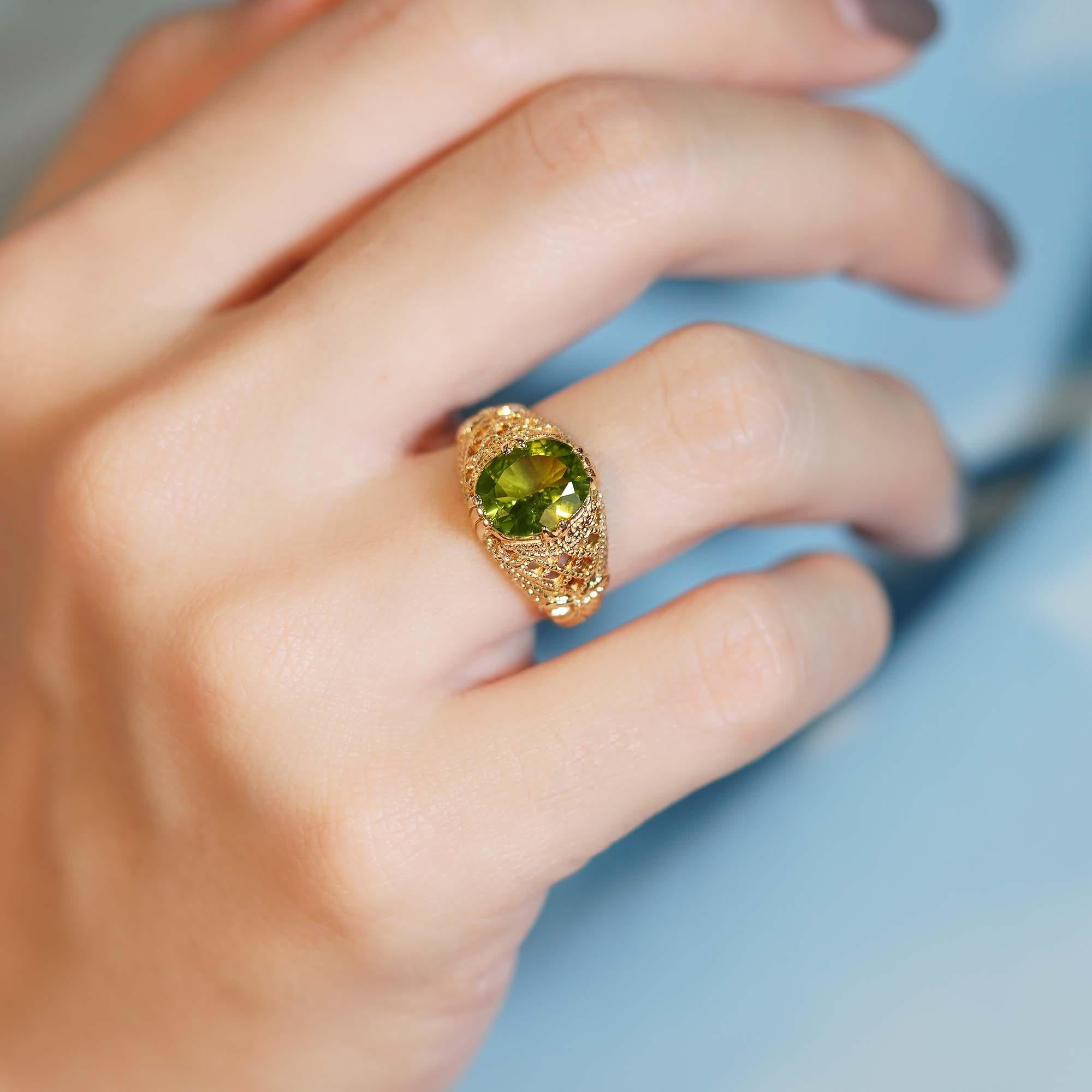 For Sale:  Natural Peridot Vintage Style Filigree Cocktail Ring in 9K Yellow Gold 8