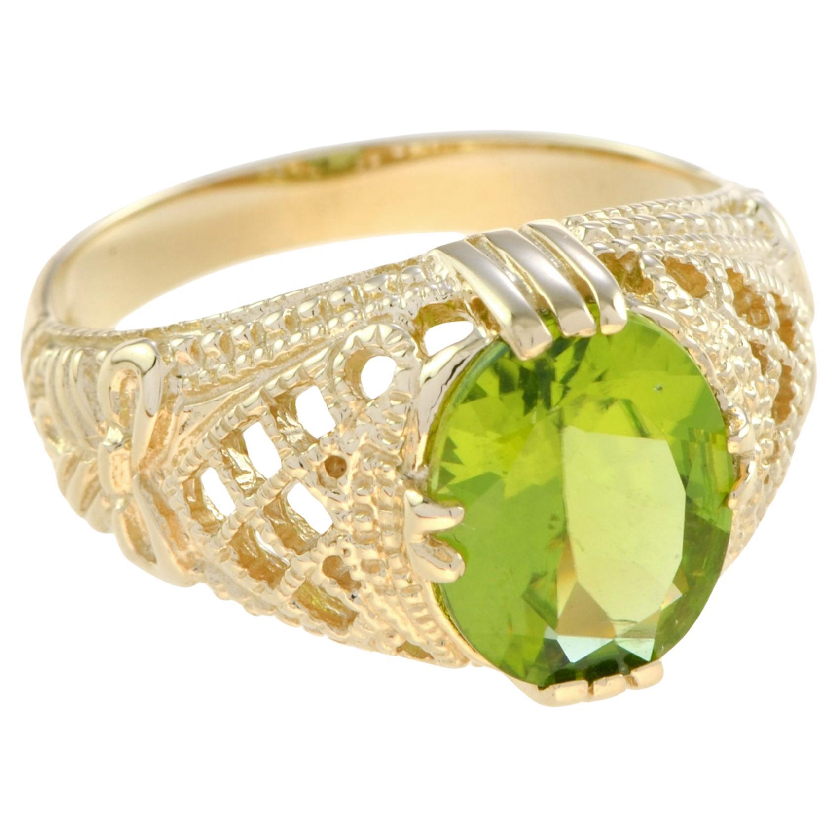 For Sale:  Natural Peridot Vintage Style Filigree Cocktail Ring in 9K Yellow Gold