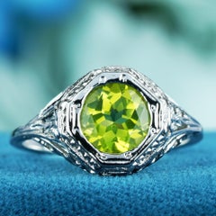 Natural Peridot Vintage Style Filigree Ring in Solid 9K White Gold