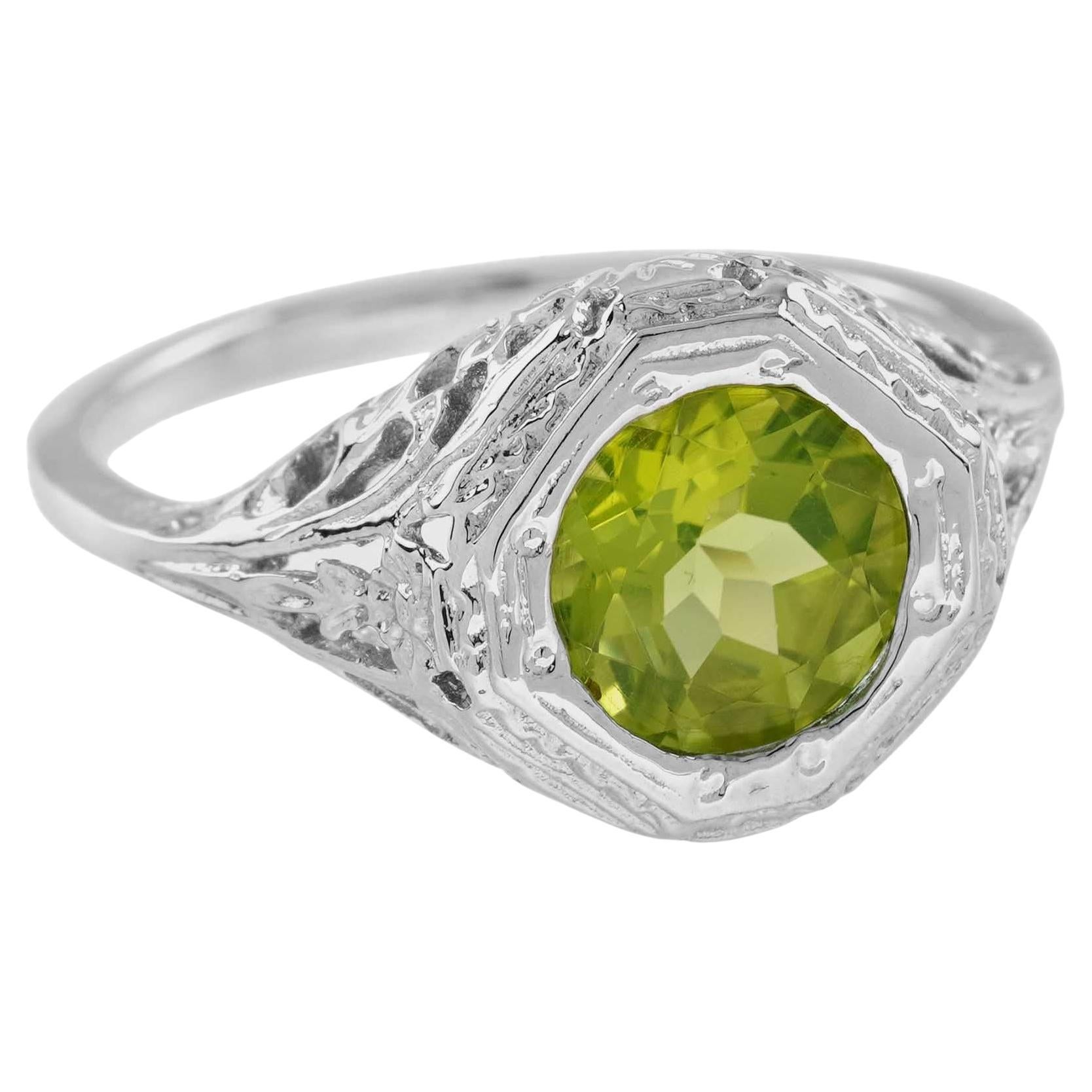 Natural Peridot Vintage Style Filigree Ring in Solid 9K White Gold