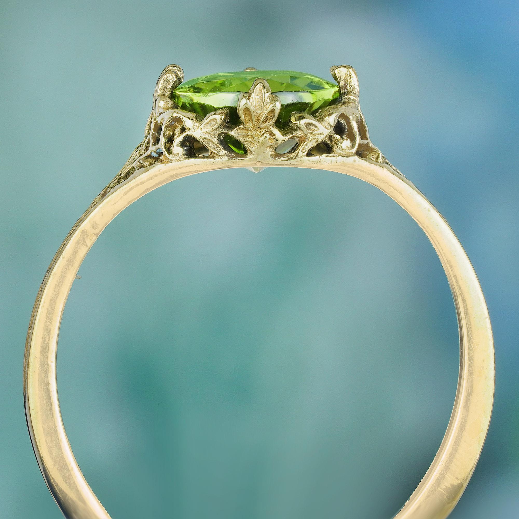 Oval Cut Natural Peridot Vintage Style Filigree Solitaire Ring in Solid 9K Yellow Gold For Sale