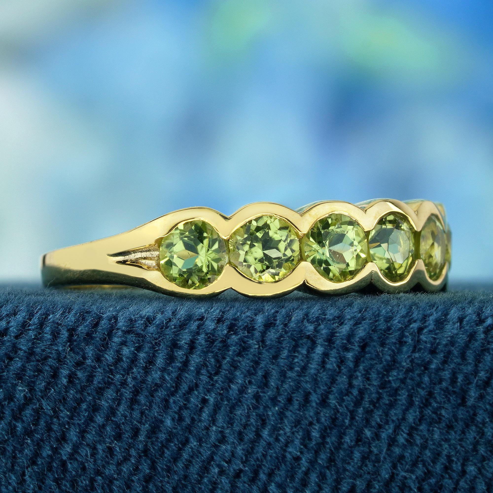 Edwardian Natural Peridot Vintage Style Half Eternity Ring in Solid 9K Yellow Gold For Sale