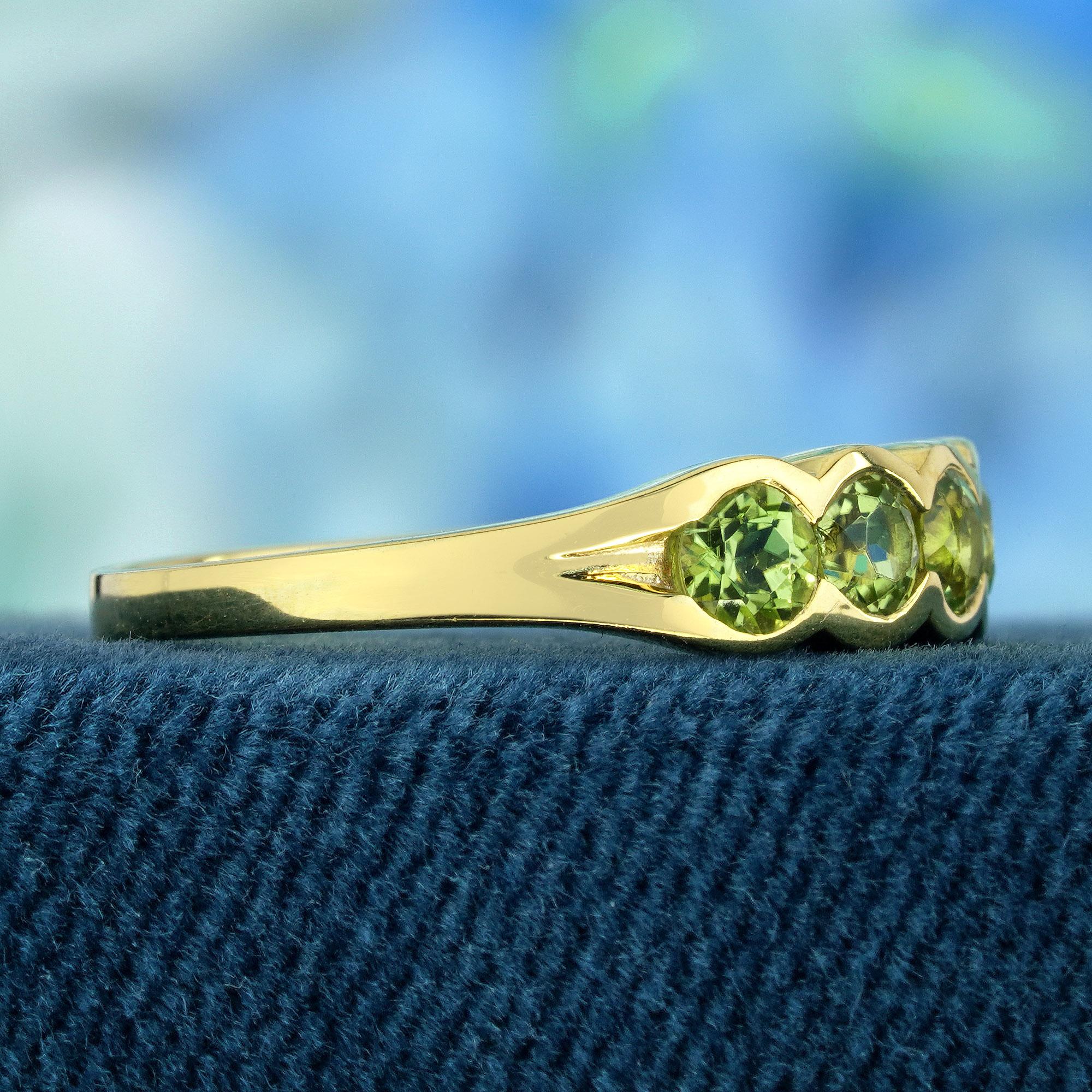 Round Cut Natural Peridot Vintage Style Half Eternity Ring in Solid 9K Yellow Gold For Sale