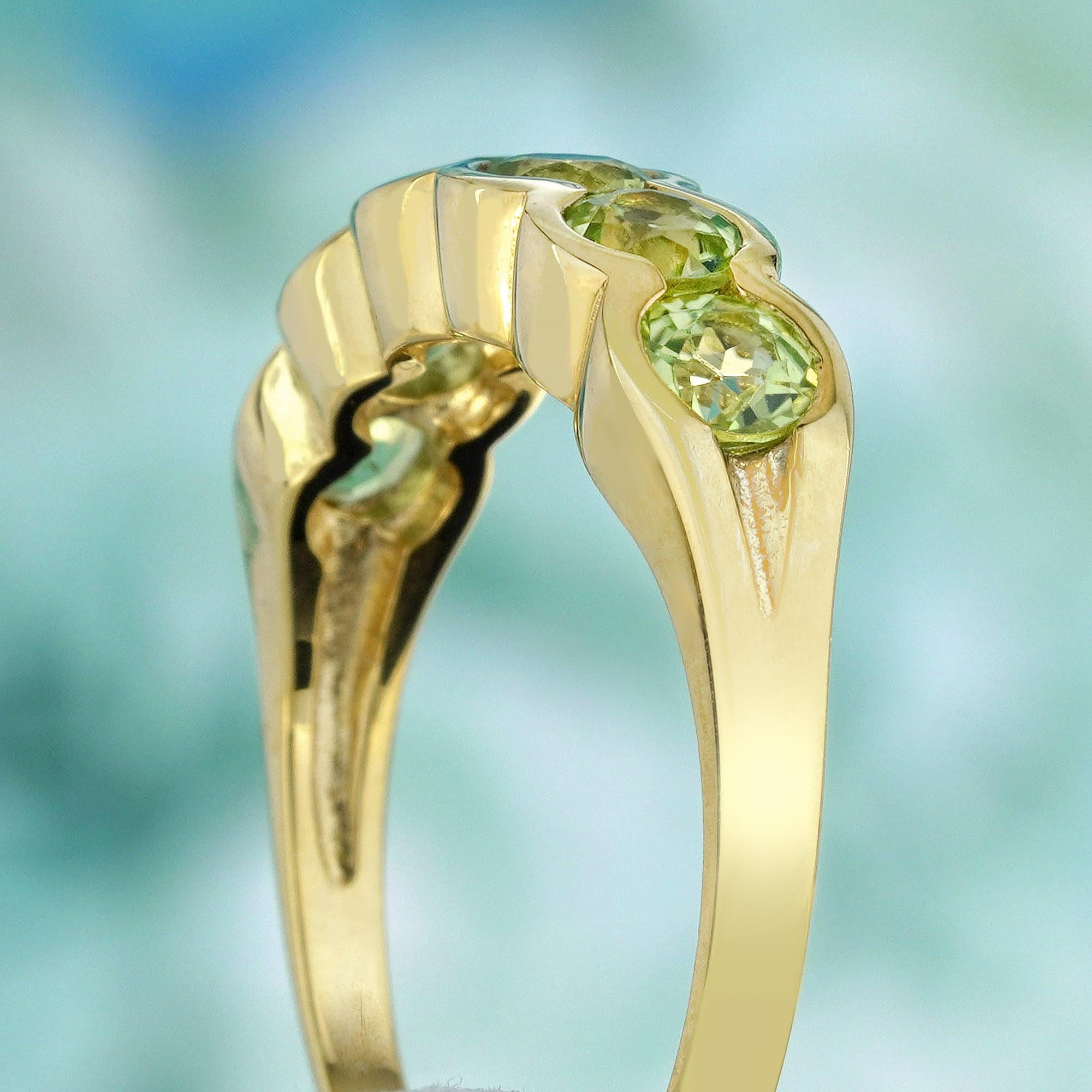 Women's Natural Peridot Vintage Style Half Eternity Ring in Solid 9K Yellow Gold For Sale