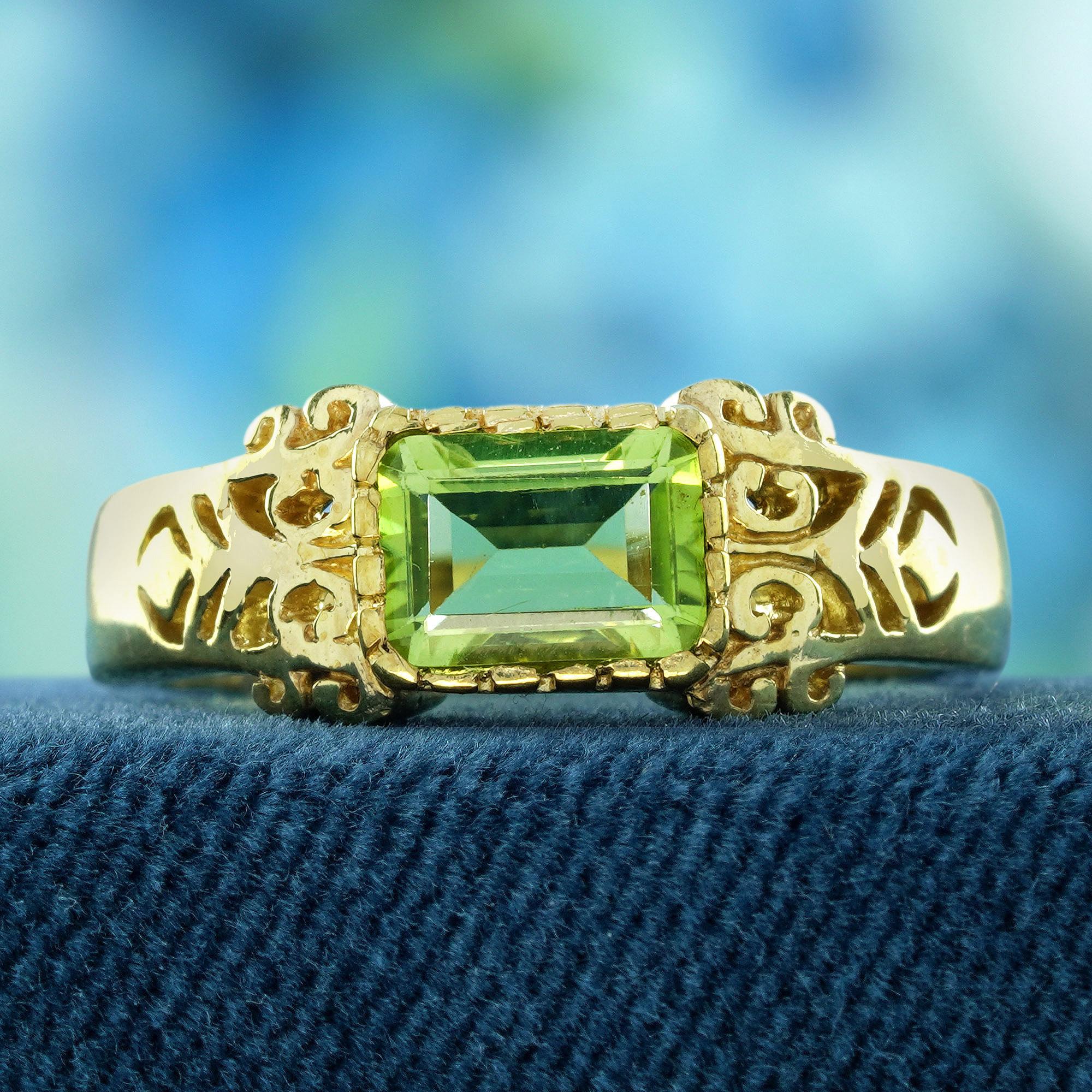 Embrace timeless elegance with this stunning Natural Peridot Vintage Style Filigree Solitaire Ring, set in Yellow Gold. The captivating green peridot stone, symbolizing harmony and balance, is elegantly showcased in a delicate filigree design that