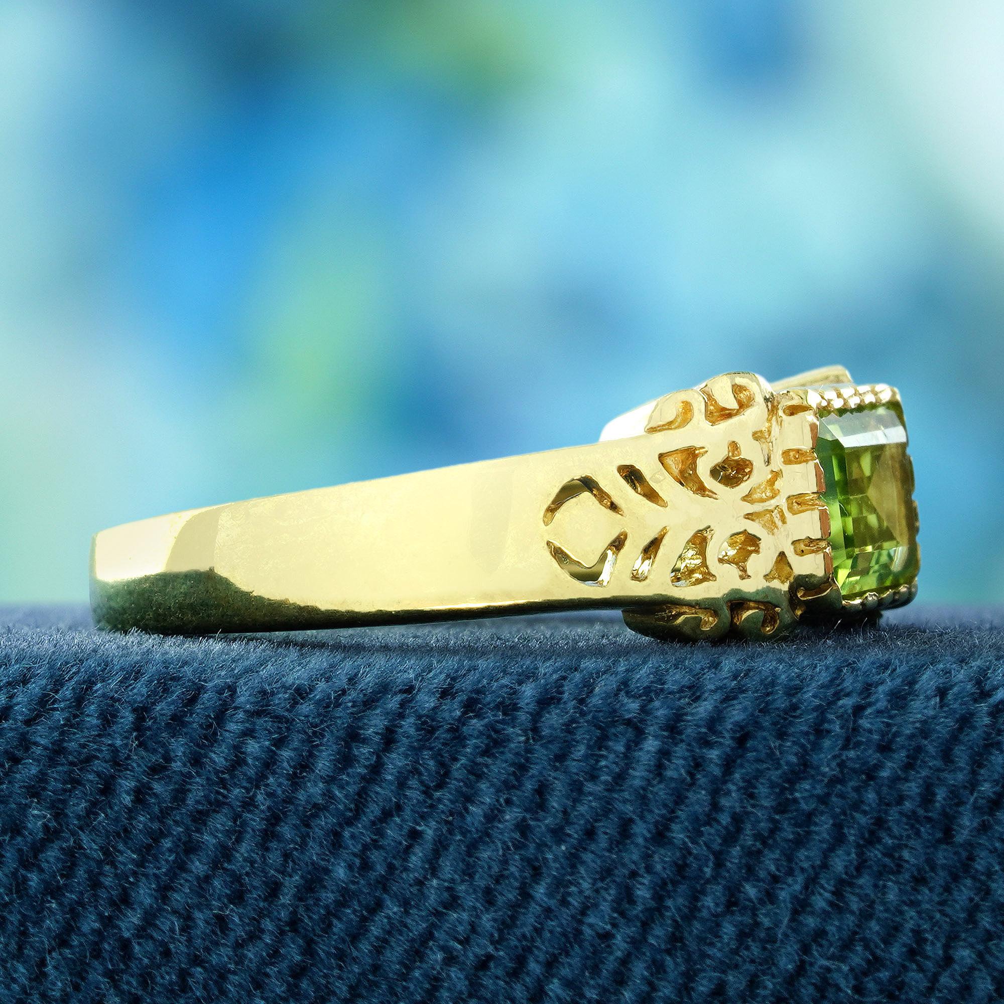 Emerald Cut Natural Peridot Vintage Style Ring in 9K  Yellow Gold For Sale