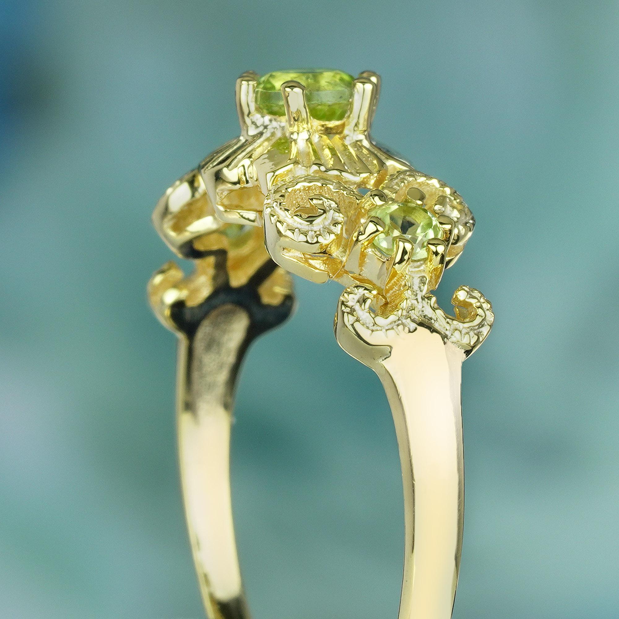 Women's Natural Peridot Vintage Style Ring in Solid 9K Yellow Gold For Sale