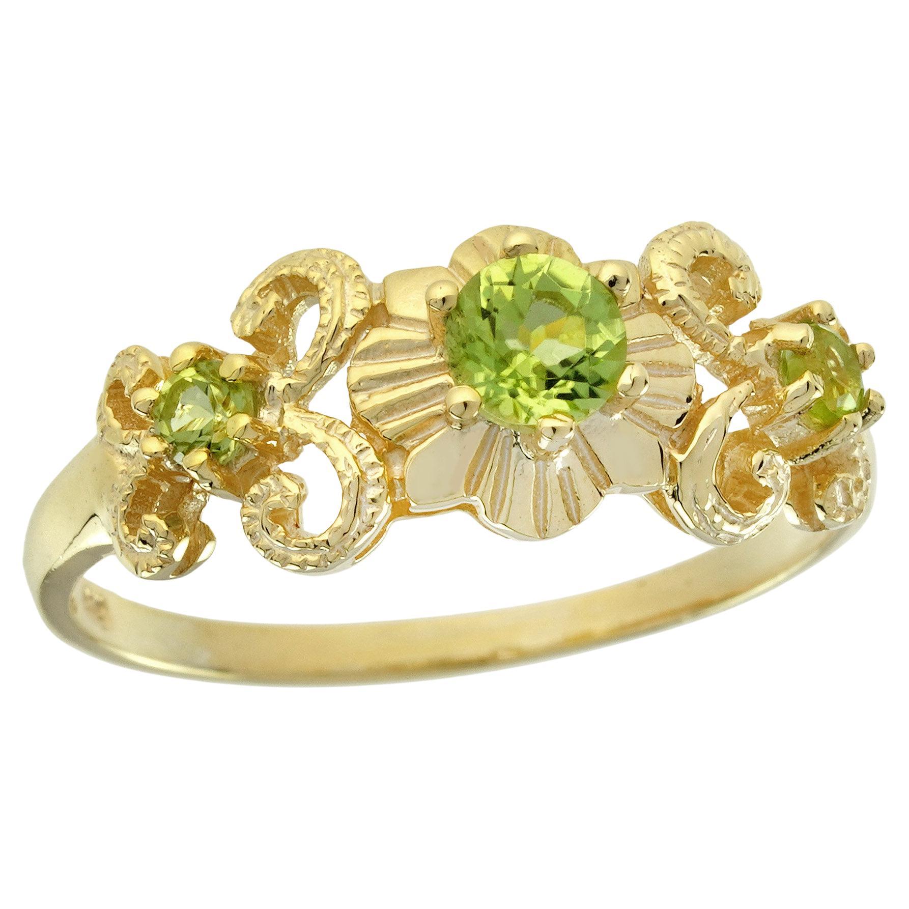 Natural Peridot Vintage Style Ring in Solid 9K Yellow Gold For Sale