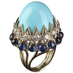 Veschetti Persian Turquoise, Sapphire and Diamond Cocktail Ring