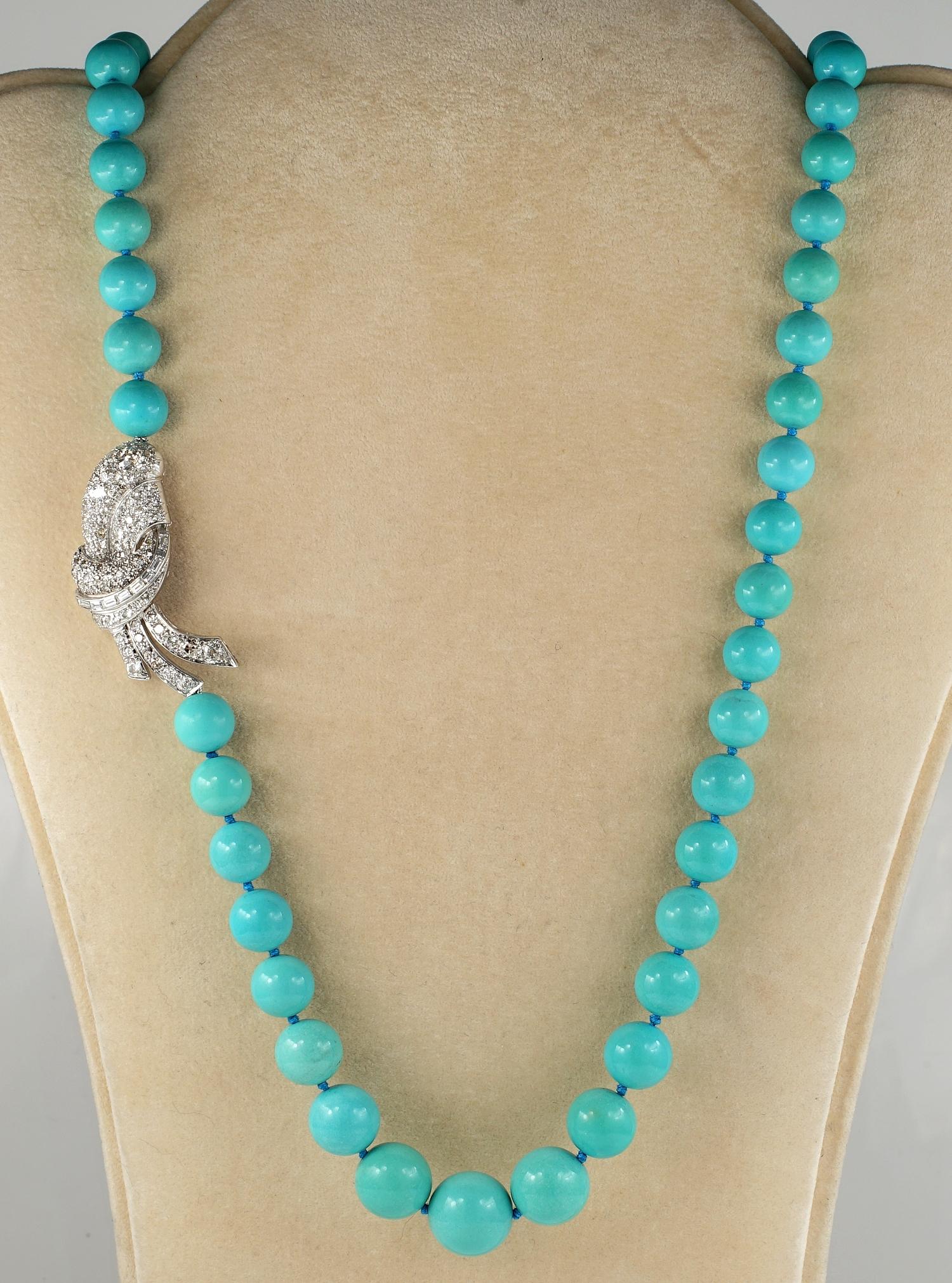 Sky Dream

Exceptional all Natural untreated all Natural Persian Turquoise necklace
1950 ca- graduated in sizes from 11 mm. to 15 mm. beads – which is a rare size; beautiful robin egg colour hue with no black spots, all even colour
Comes in match