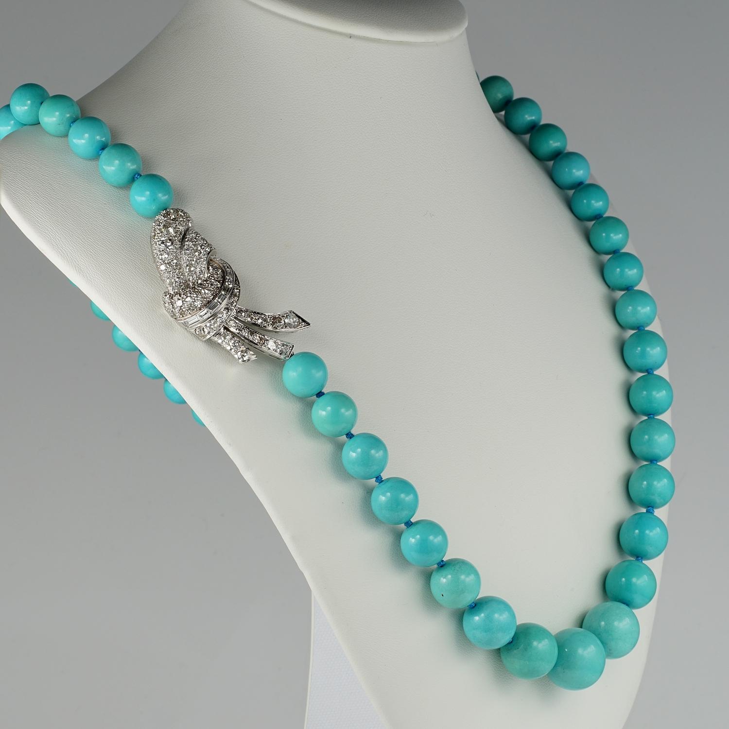 Contemporary Natural Persian Turquoise 6.40 Carat Diamond Clasp Rare Vintage Necklace For Sale