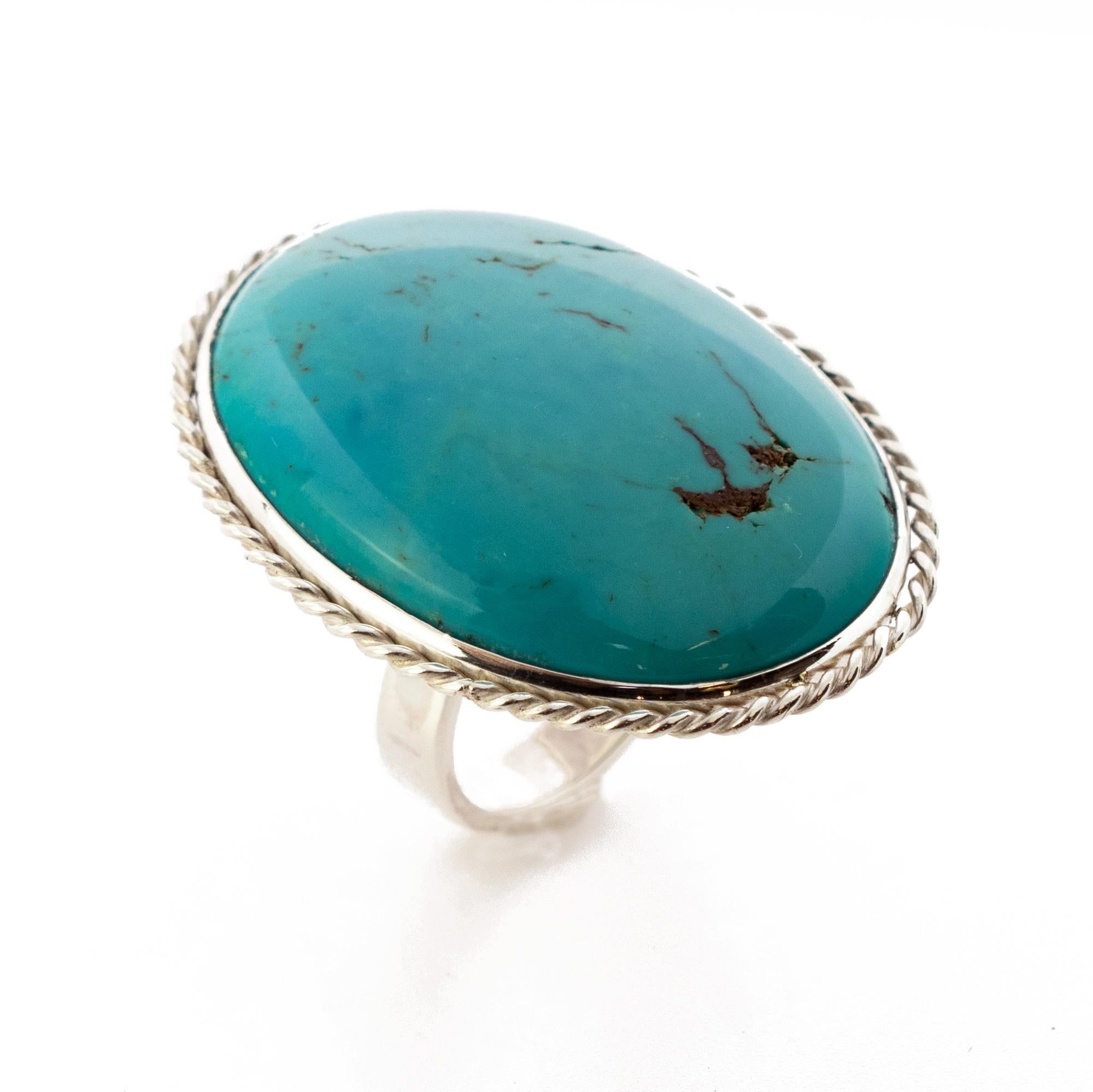 Empire Natural Persian Turquoise 925 Sterling Silver Bezel Oval Cocktail Intini Ring For Sale