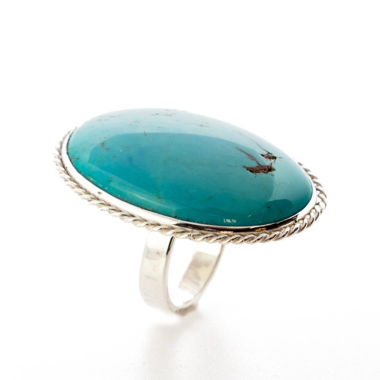 Women's or Men's Natural Persian Turquoise 925 Sterling Silver Bezel Oval Cocktail Intini Ring For Sale