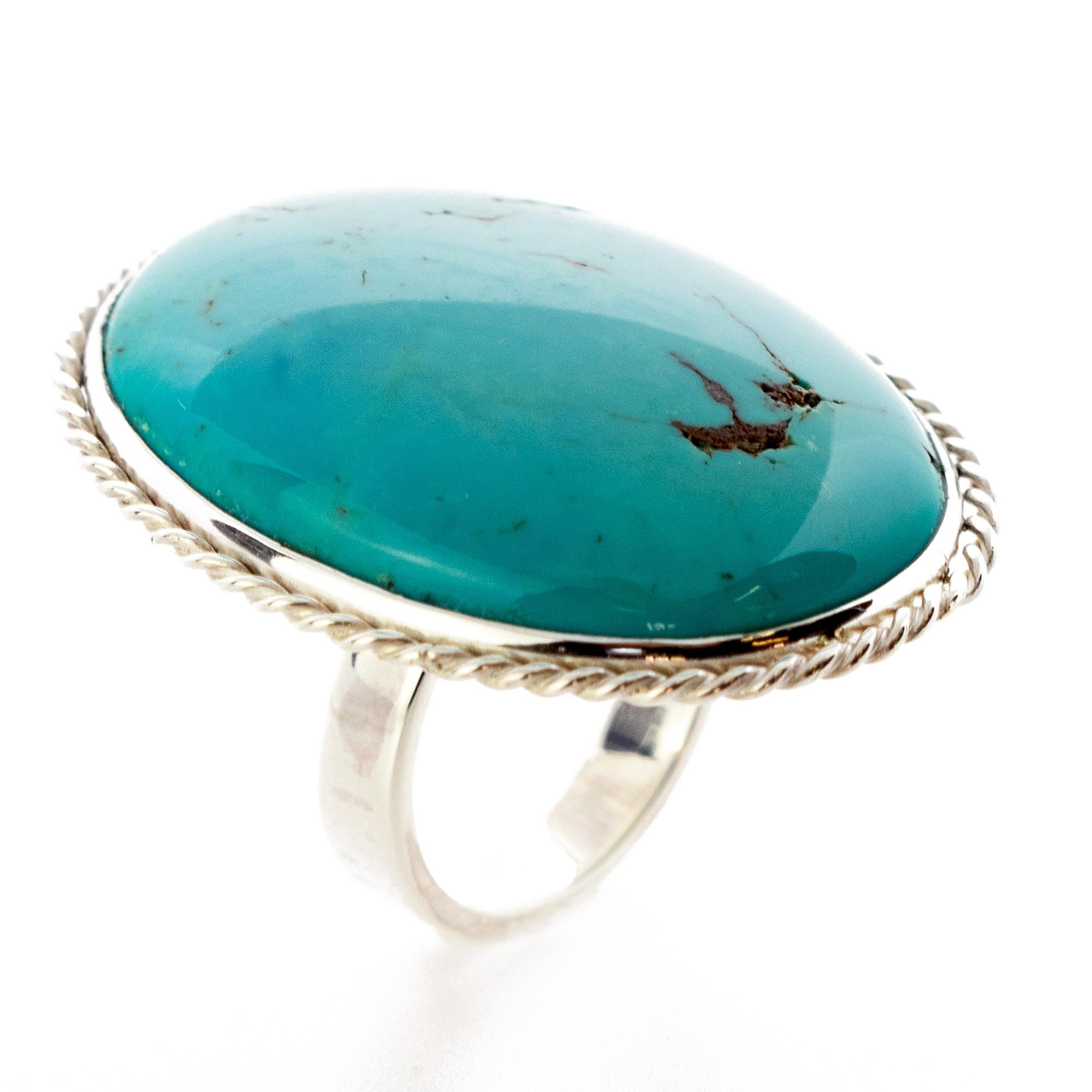 Natural Persian Turquoise 925 Sterling Silver Bezel Oval Cocktail Intini Ring In New Condition For Sale In Milano, IT