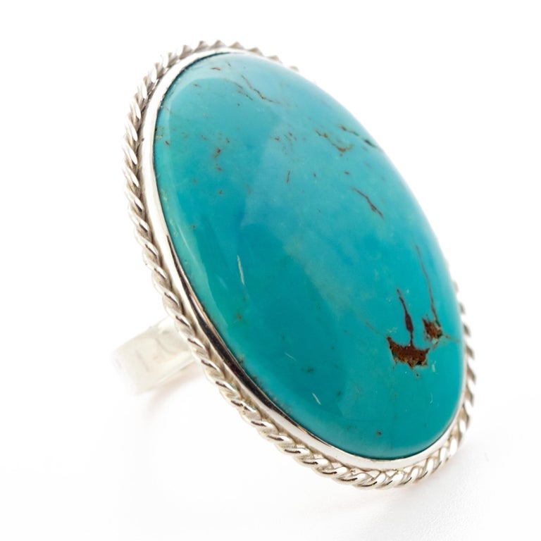 Natural Persian Turquoise 925 Sterling Silver Bezel Oval Cocktail Intini Ring For Sale 2