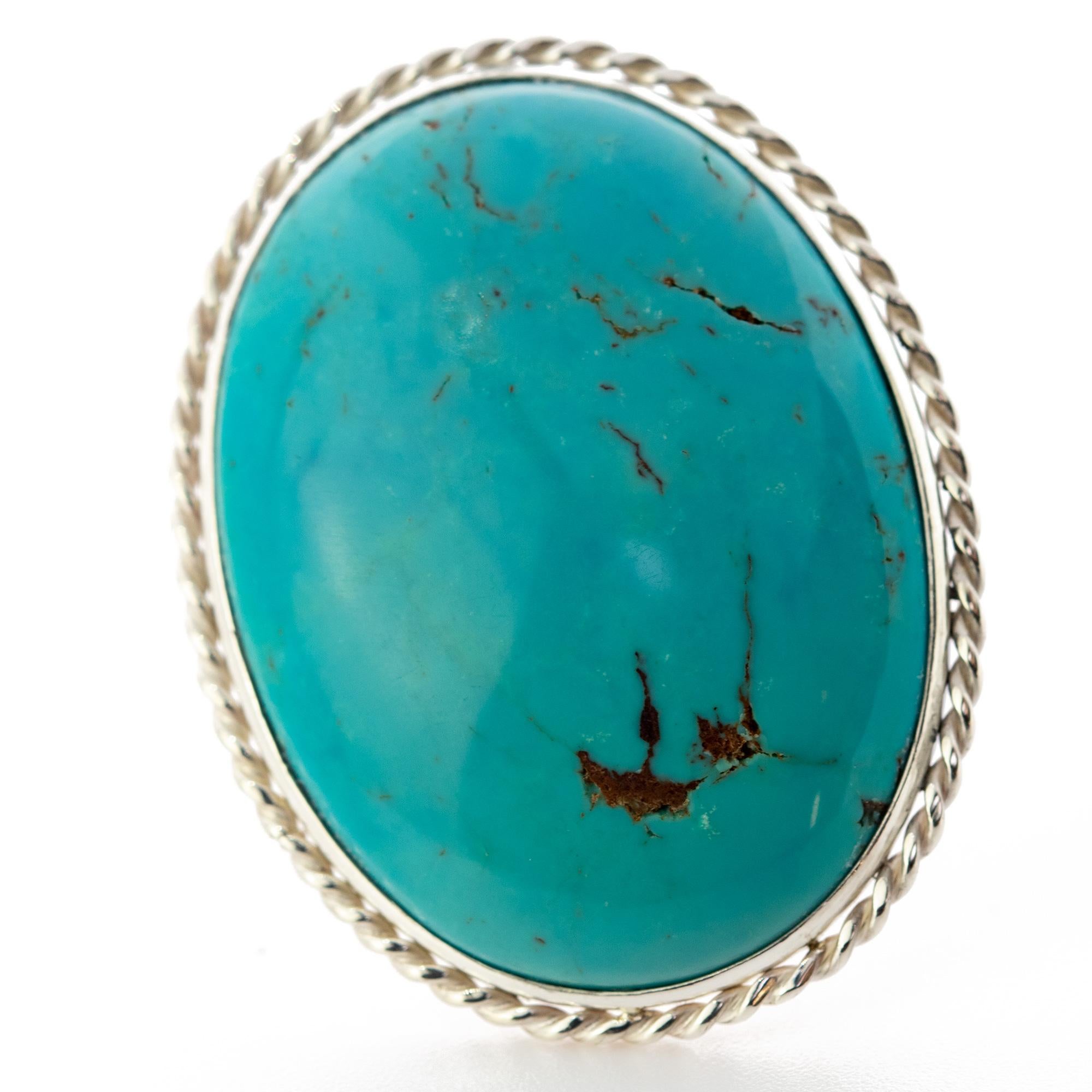 Natural Persian Turquoise 925 Sterling Silver Bezel Oval Cocktail Intini Ring For Sale 2