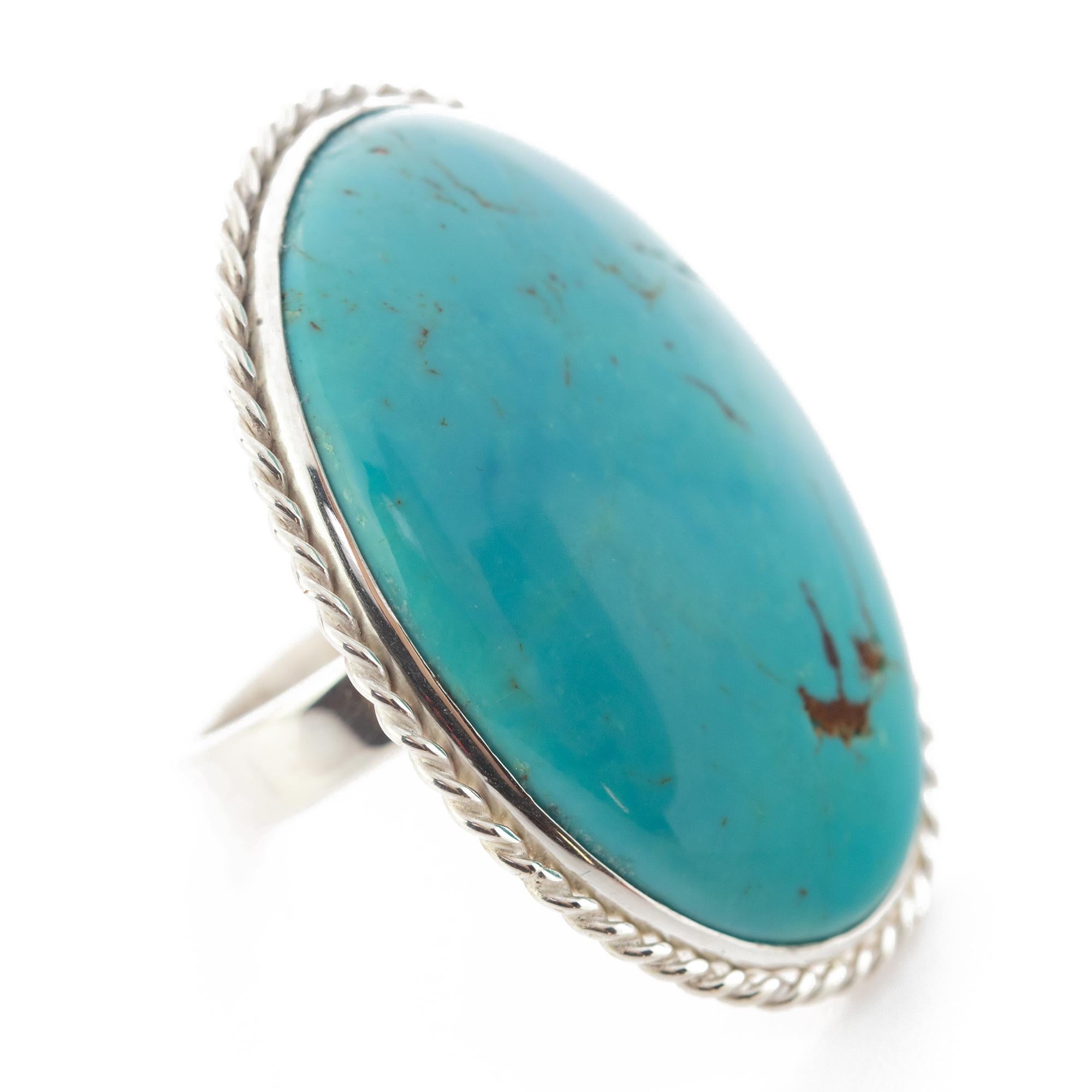 Natural Persian Turquoise 925 Sterling Silver Bezel Oval Cocktail Intini Ring For Sale 3