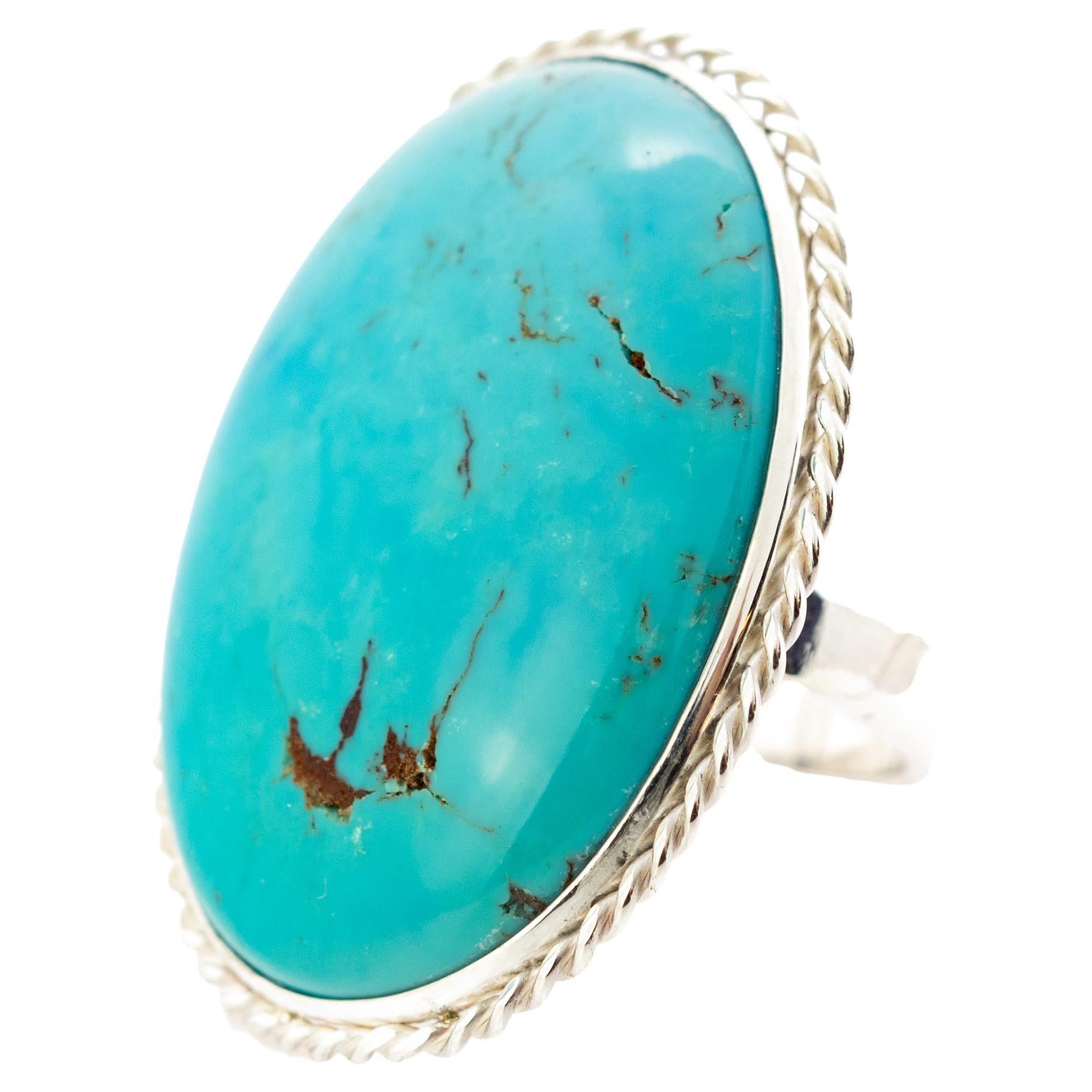 Natural Persian Turquoise 925 Sterling Silver Bezel Oval Cocktail Intini Ring