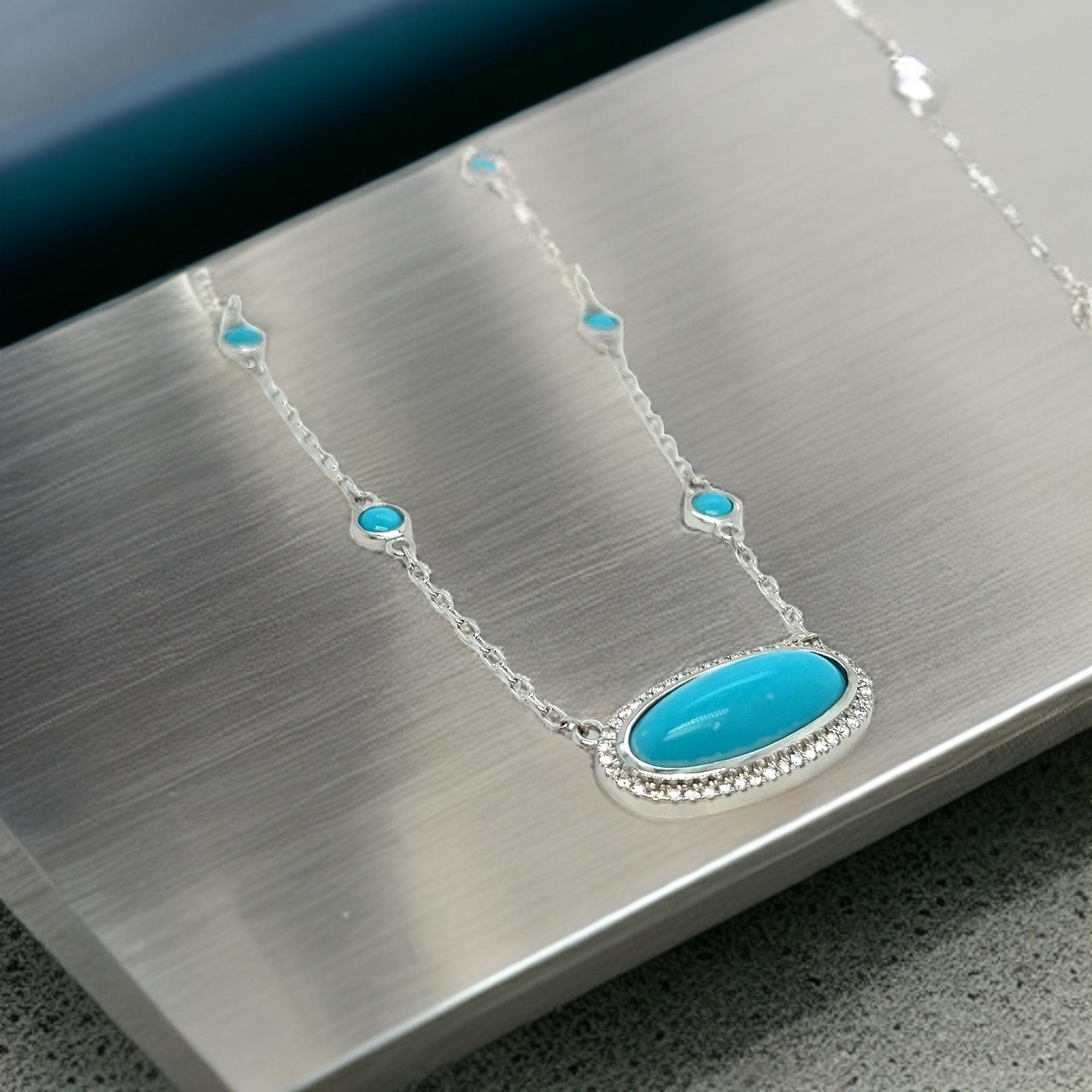 Natural Persian Turquoise Diamond Pendant Necklace 17