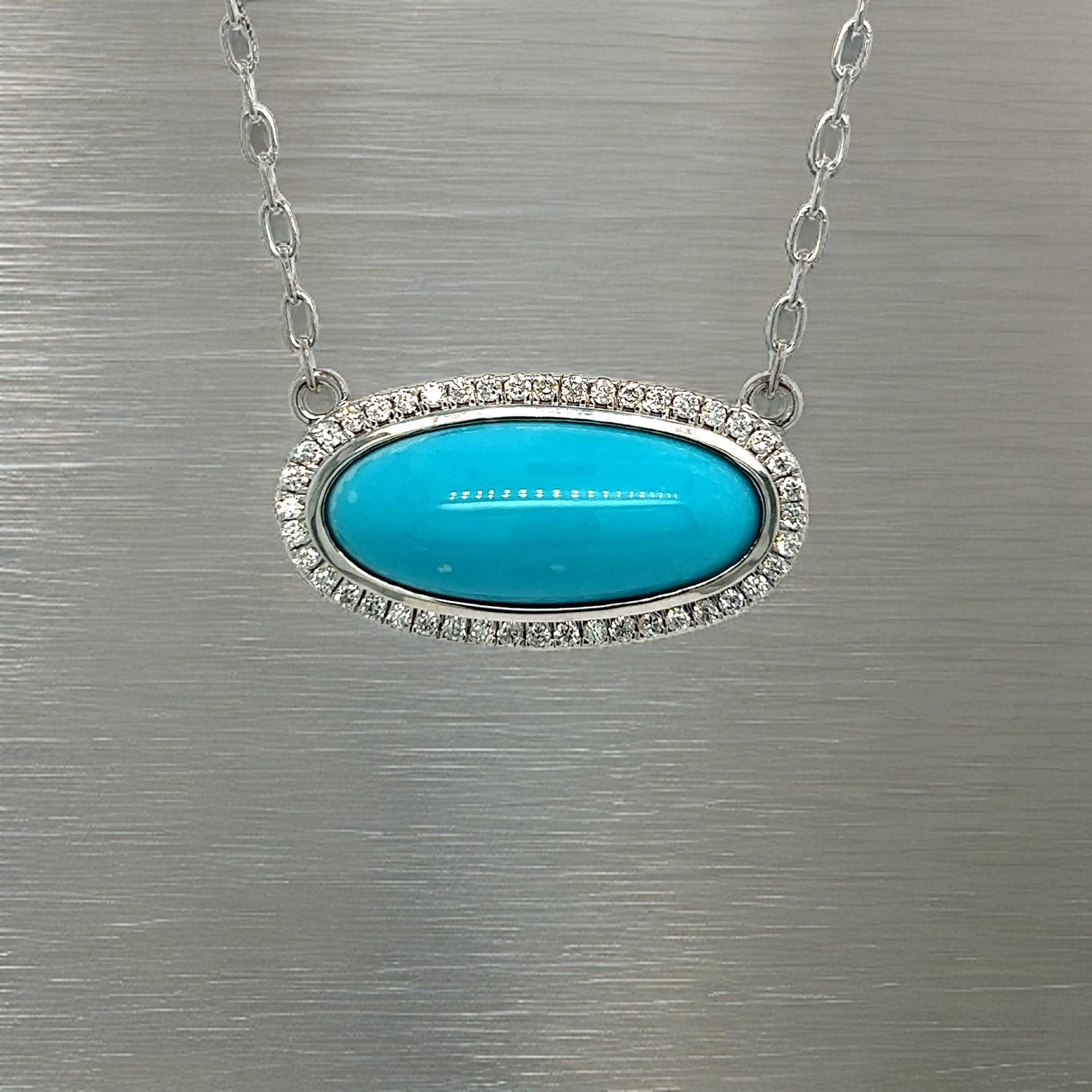 Oval Cut Natural Persian Turquoise Diamond Pendant Necklace 17