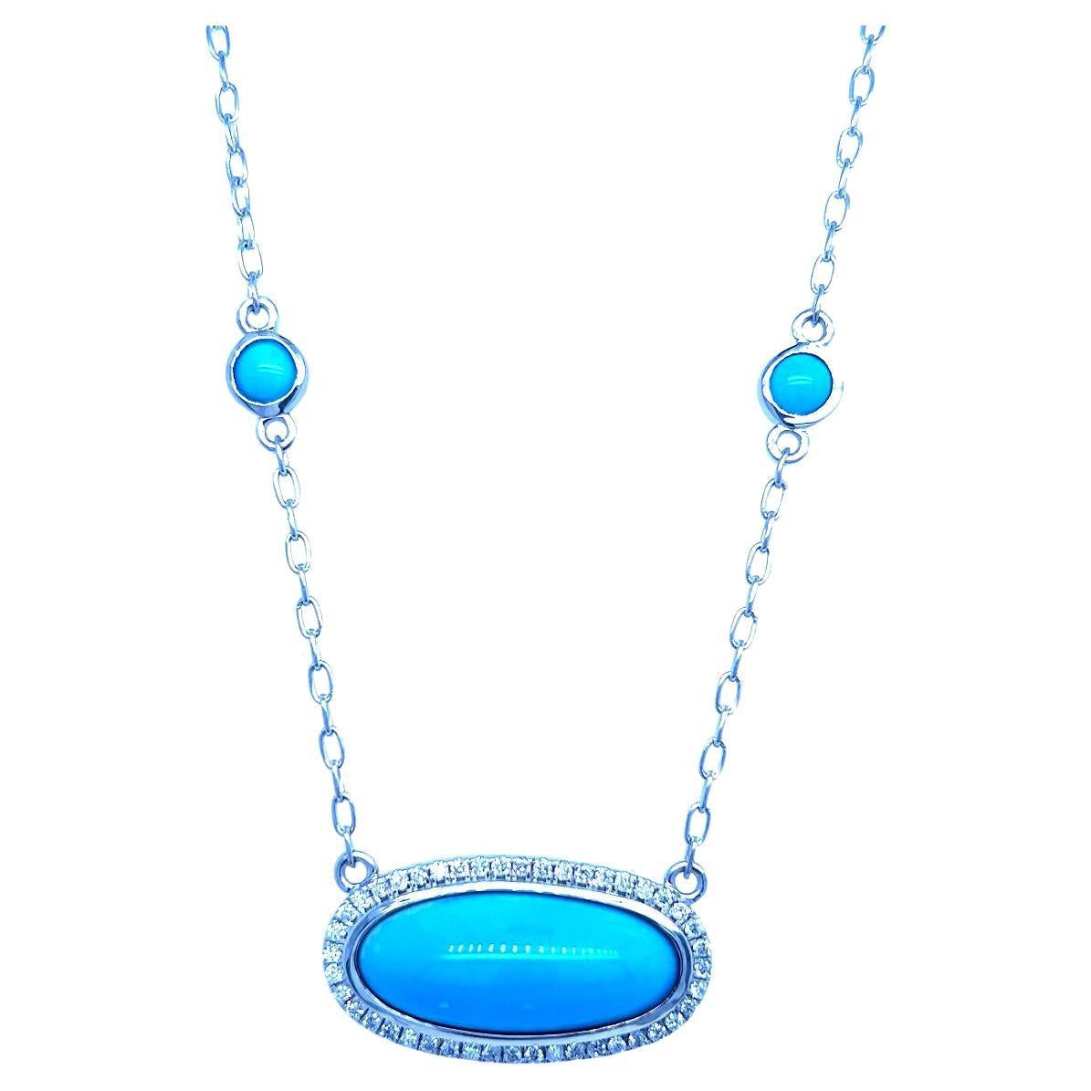 Natural Persian Turquoise Diamond Pendant Necklace 17" 14k G 13.27 TCW Certified For Sale