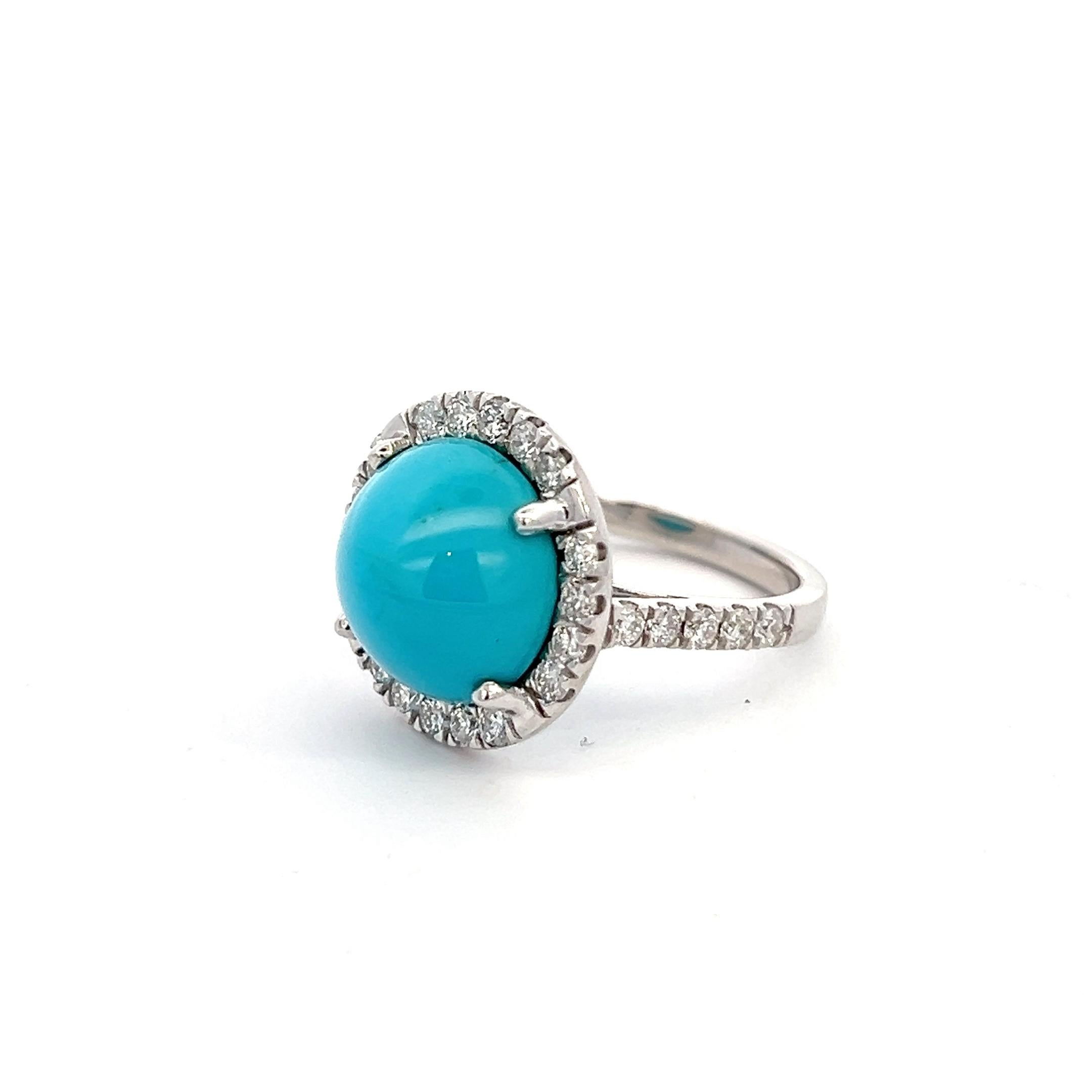 Cabochon Natural Persian Turquoise Diamond Ring 6.5 14k WG 8.33 TCW Certified For Sale