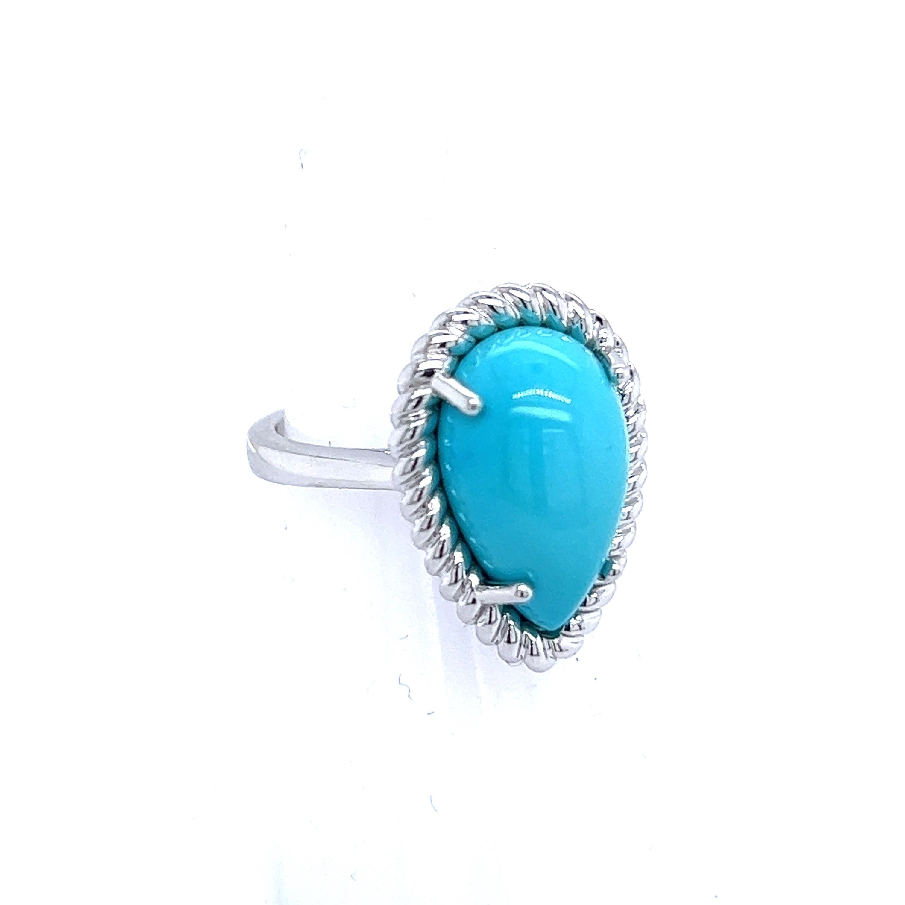 Cabochon Natural Persian Turquoise Ring Size 6 14k White Gold 6.21 TCW Certified For Sale