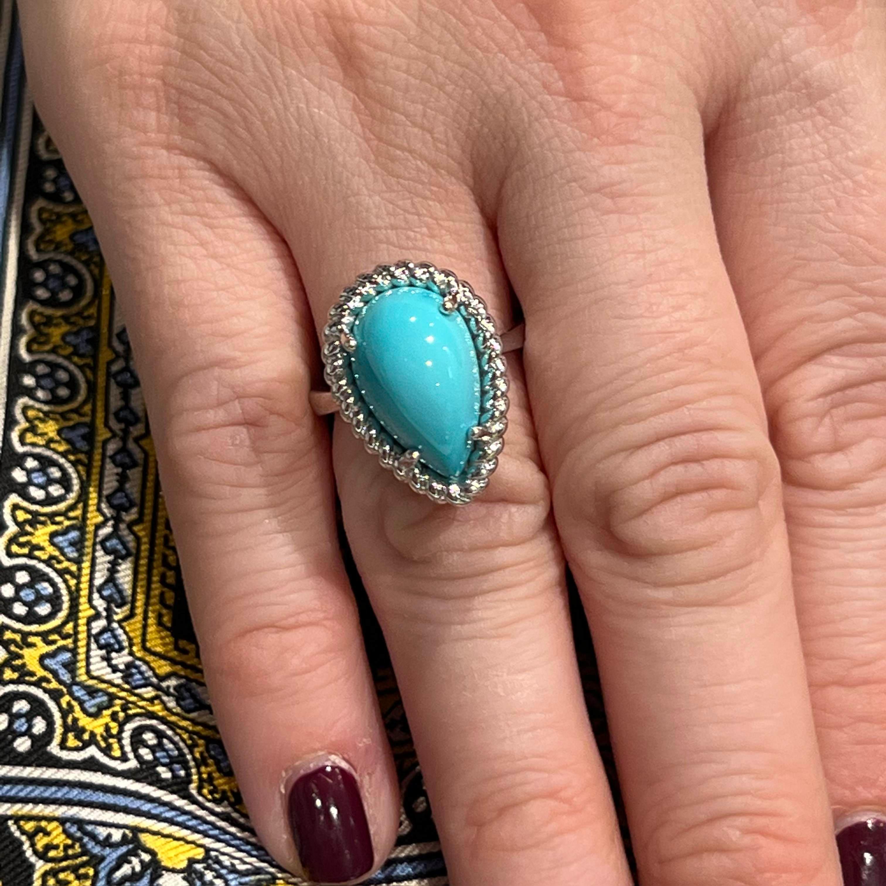 Natural Persian Turquoise Ring Size 6 14k White Gold 6.21 TCW Certified In New Condition For Sale In Brooklyn, NY